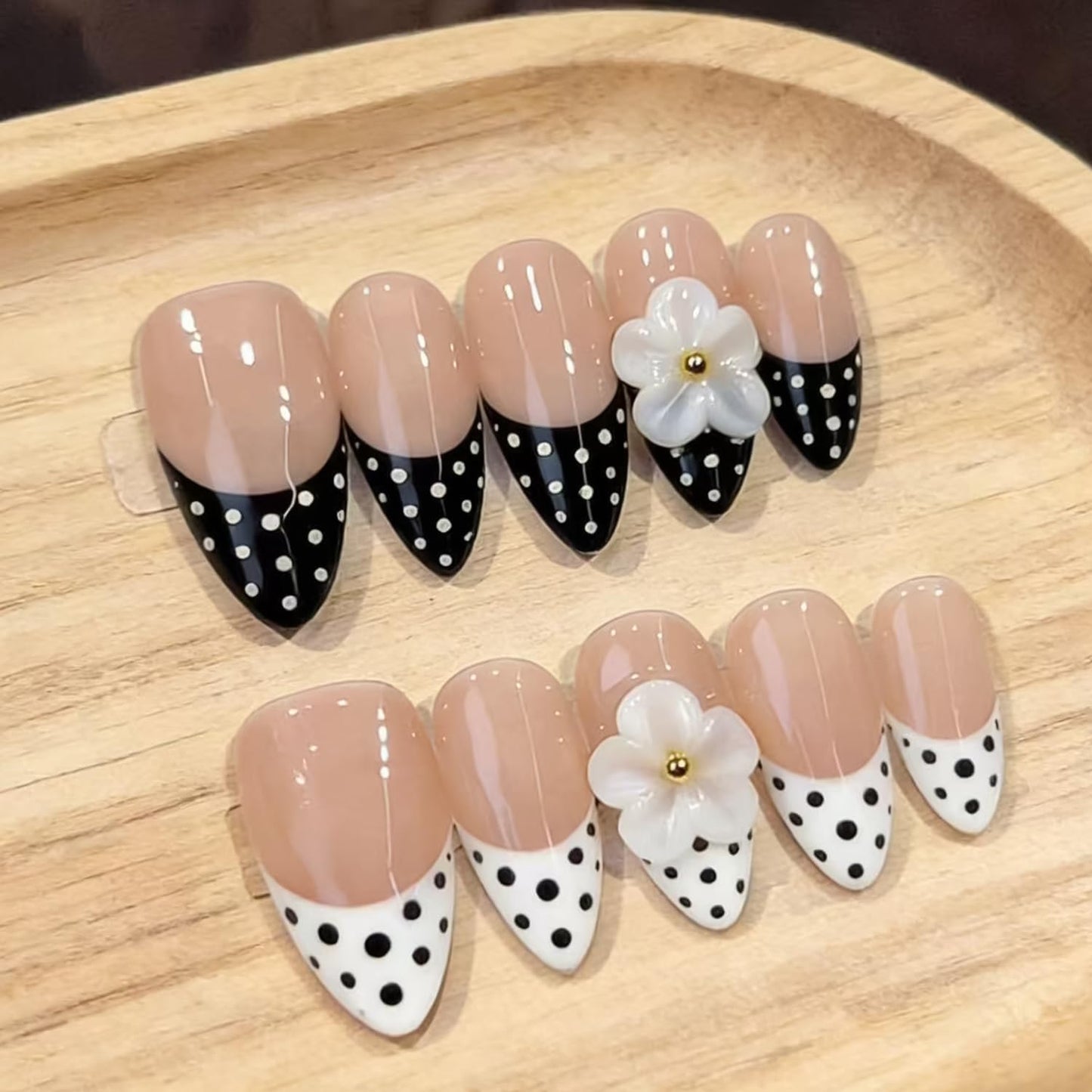 Handmade Press on Nails Black and White Polka Dots Medium Almond Fake Nails French Tips, Multi-Layer Gel Acrylic Nails for Women Nail Art Sheer Floral Glow 10 Pcs(S)