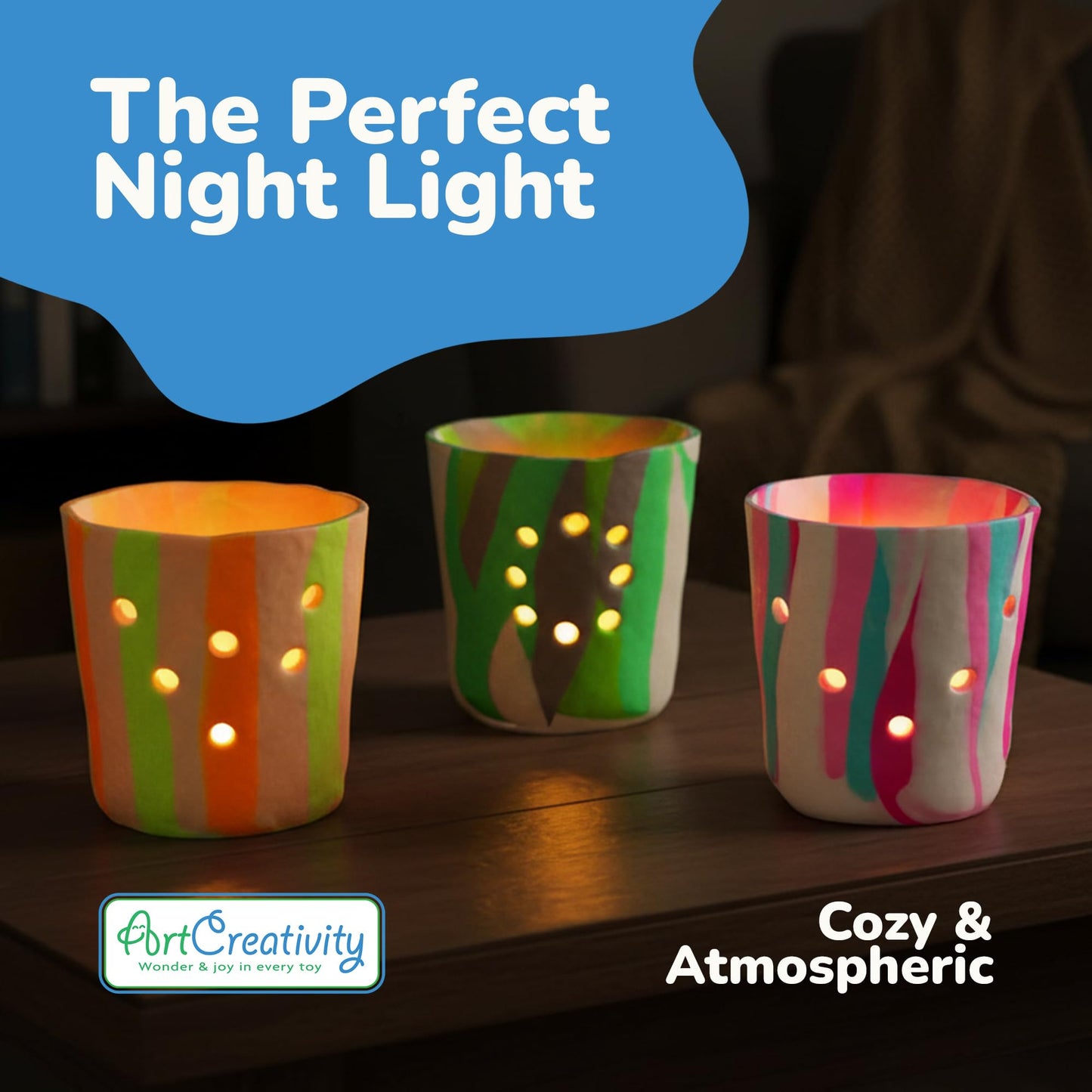 ArtCreativity DIY Clay Lanterns Making Kit - Makes 3 Lanterns and 3 Jewelry Bowls - Kids Lantern Making Kit with 12 Clay Packages, 3 Battery Tea Light Candles, Sticker Gems, and More Craft Supplies