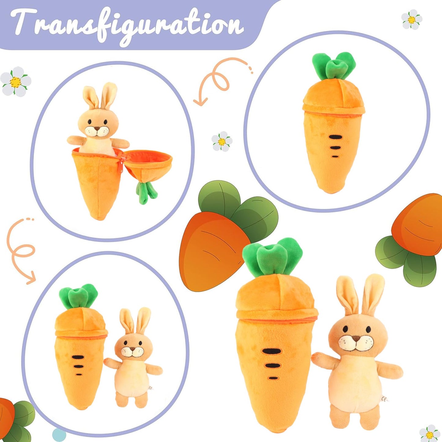 unsnurnoch Carrot Plush Toy with Bunny Inside 11" - Interactive Zipper Design, Rabbit Stuffed Animal, Cute Easter Gift & Home Decor, Soft Bunny Stuffed Animal for Kids & Collectors