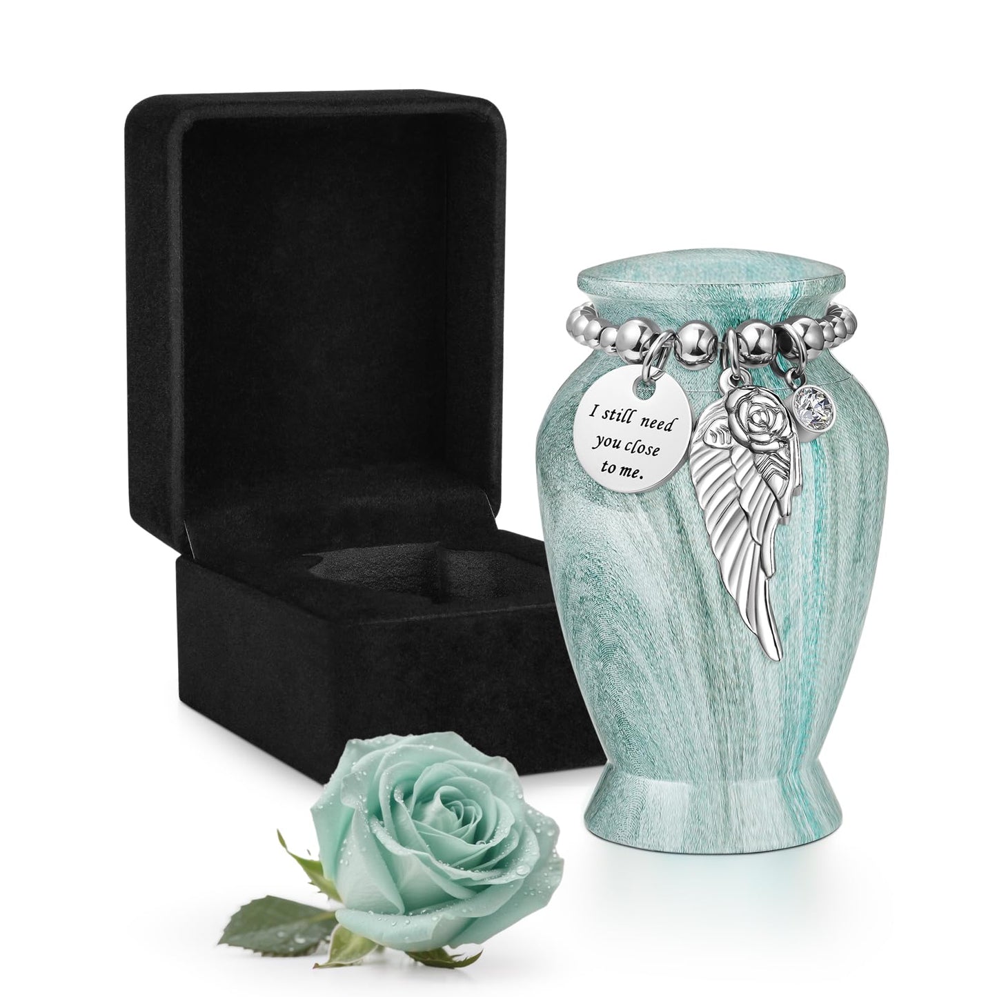 Dletay Small Urns for Human Ashes Keepsake with Box 2.85 Inch Memorial Mini Cremation Urn for Women Men Aluminum Decorative Funeral Urns Case- Lake Green