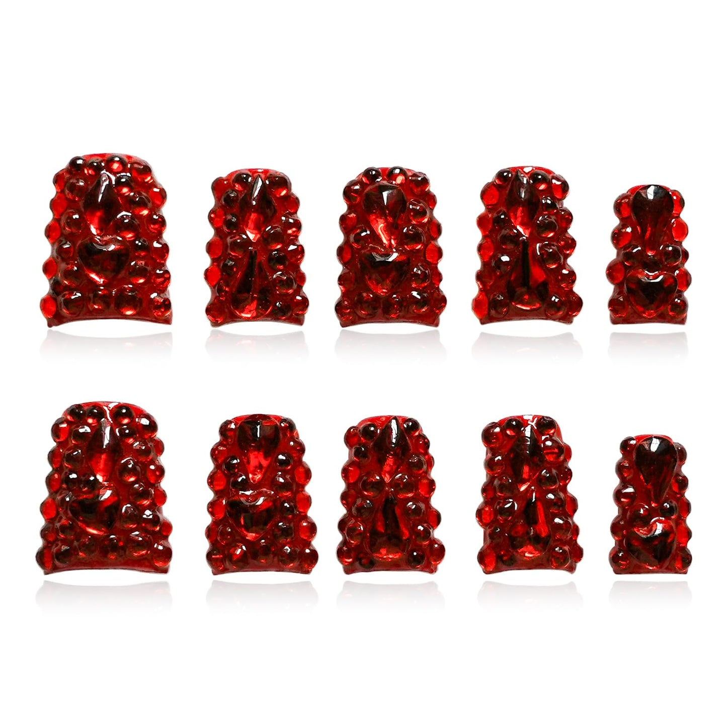 Tesytto Red Chrome Press on Nails Short Duck, Full Rhinestones Red Heart Fake Nails 3D Luxury Acrylic Duck Nails Thickened False Nails (Crimson Glimmer Enchant,M)