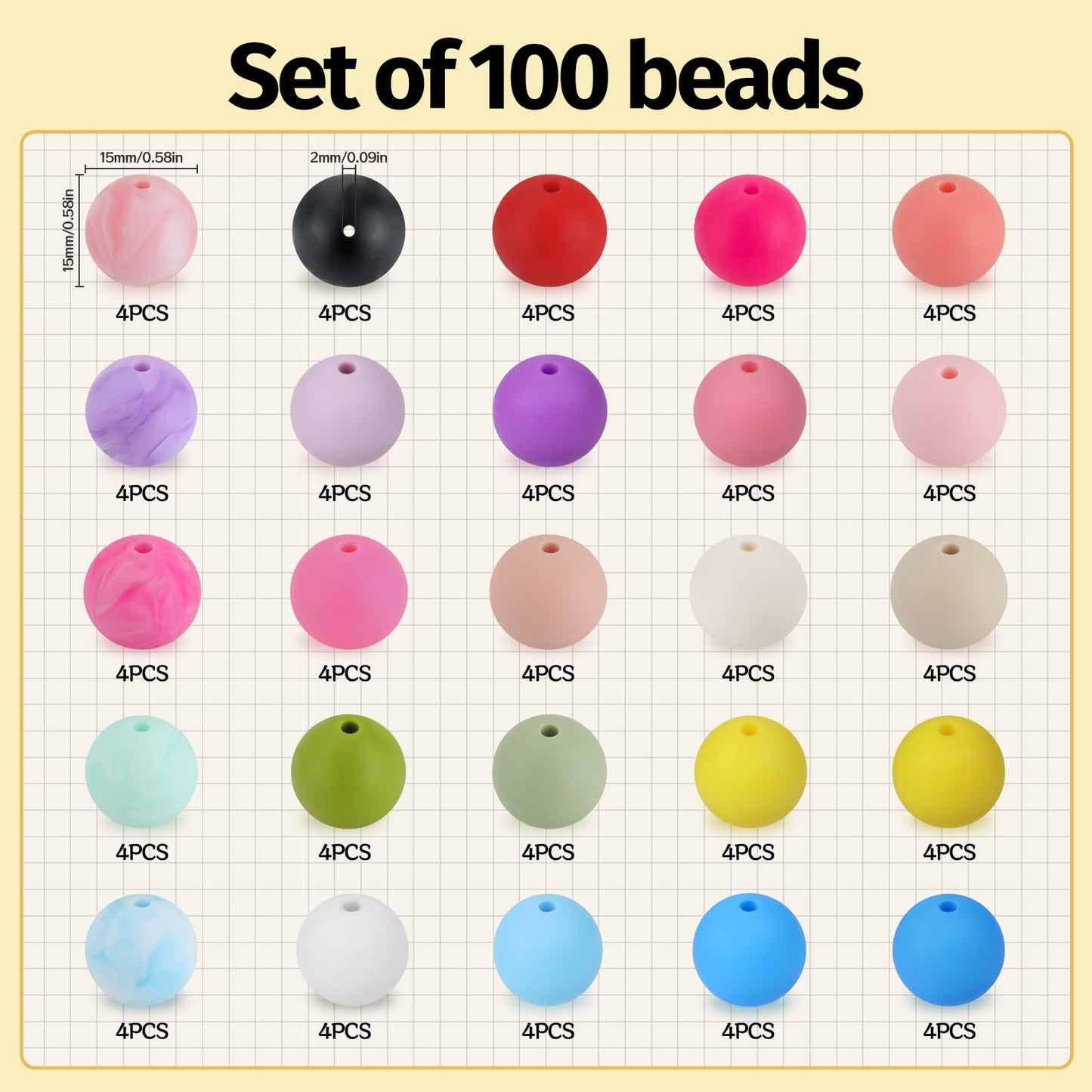 SALUOKE 100 Pcs 15mm Silicone Beads for Keychain Making, Pink Gream Silicone Beads Bulk Round for Bracelets Pens Crafts Jewelry Making (Colorful)
