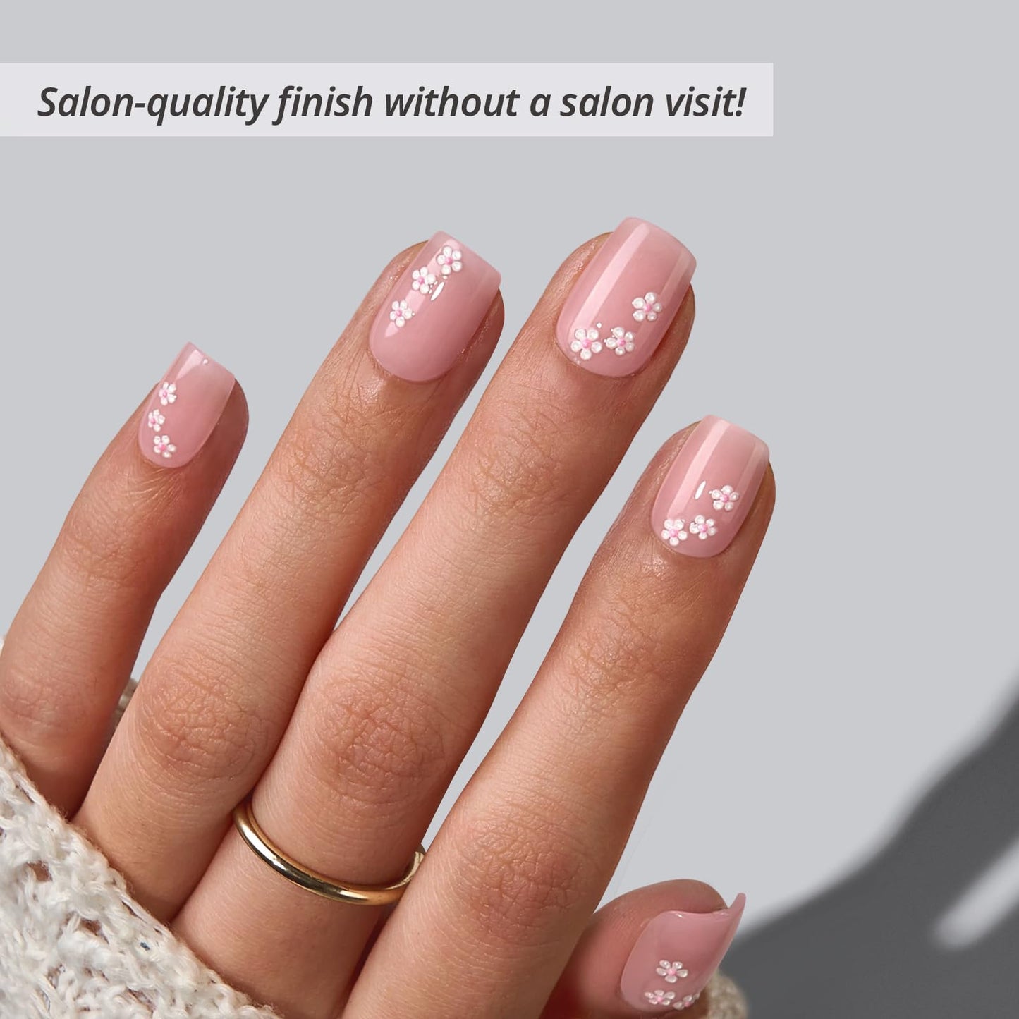 BTArtbox Press On Nails Short - Petalfall, Lamp-Curable 4-Week Wear 3D Flower Pink Square Press On Nails with Glue and Adhesive Tabs, Easy-to-Apply in 16 Sizes - 32 Nails All-in-One Kit