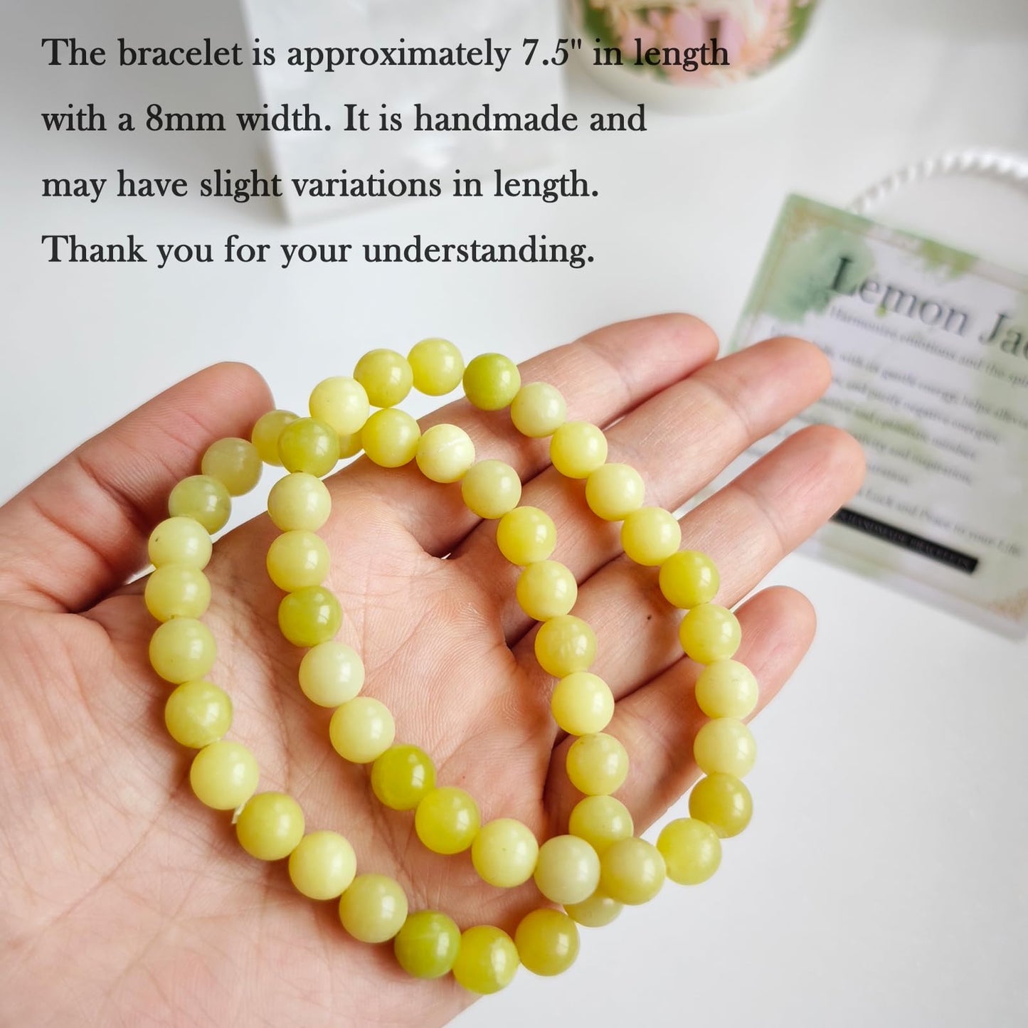 Handmade Natural Gemstone Elastic Bracelet - Healing Crystal Beads Jewelry, Unisex (Lemon Jade, 8mm)