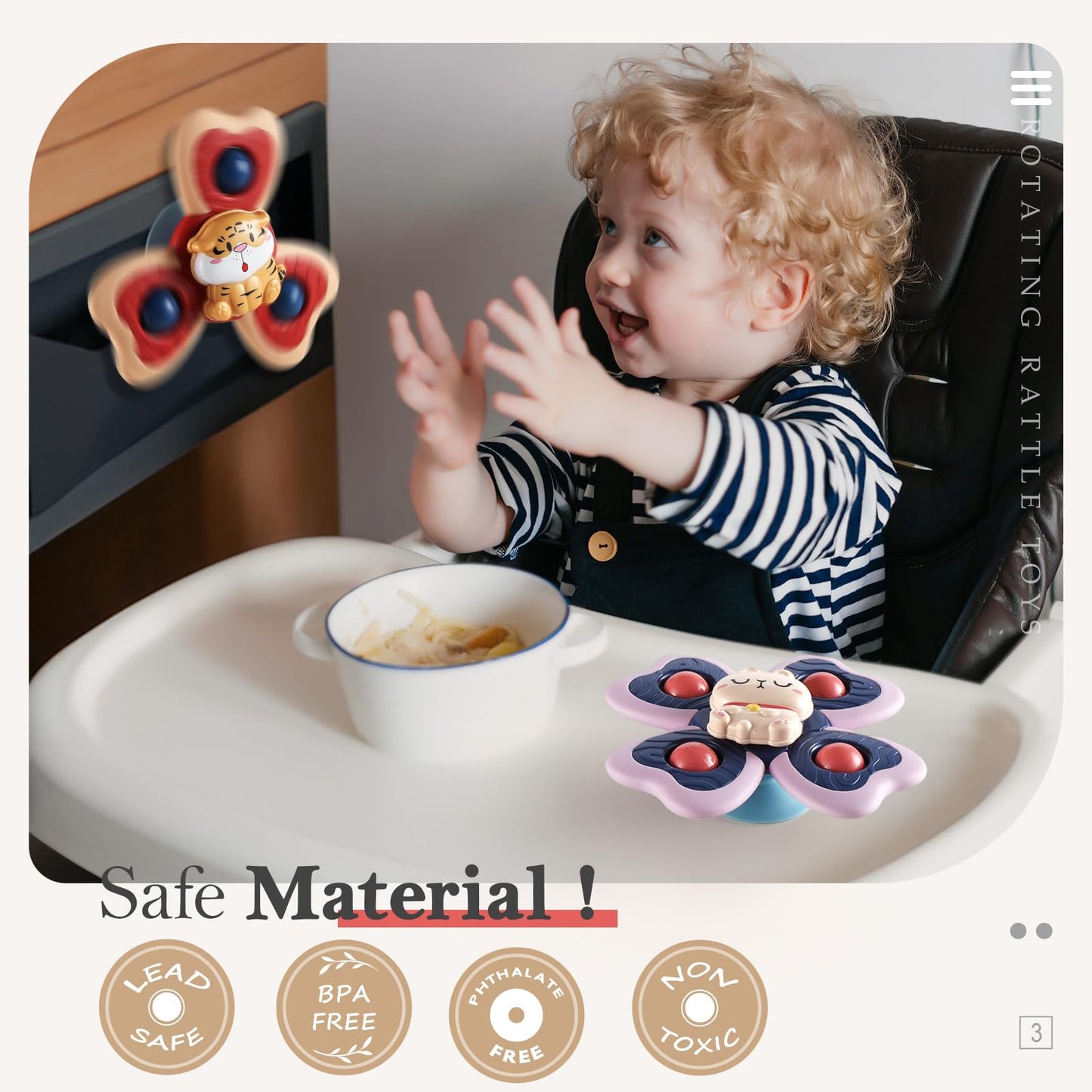 ALASOU 6 PCS Suction Cup Rotating Toys(3 Farm+3 Panda) for Infant and Toddlers