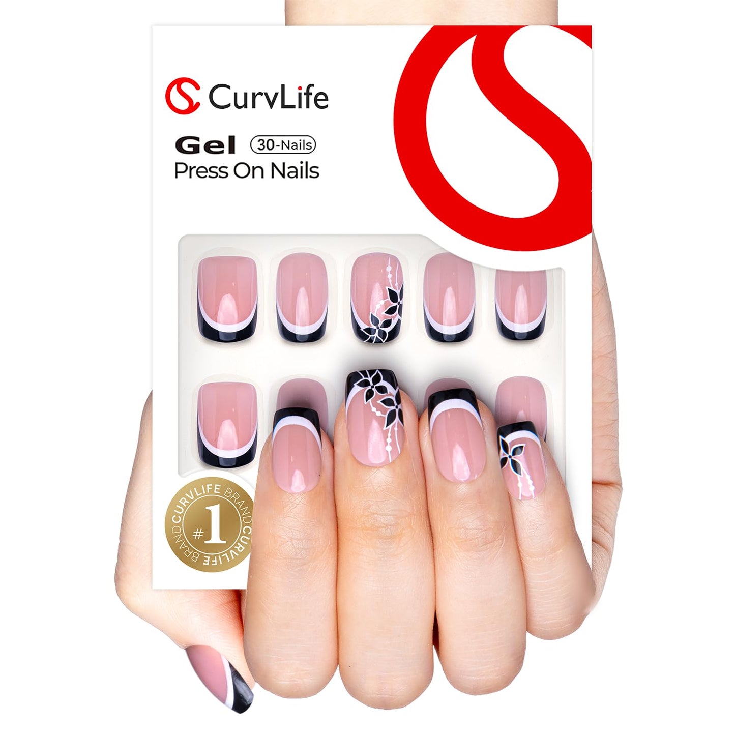 Curvlife Soft Gel Press on Nails, 30Pcs 15 Sizes Soft Gel Nail Tips, Full Cover Design Reusable Fake Nails Kit with Glue and Adhesive Tabs (black flower french, Medium)