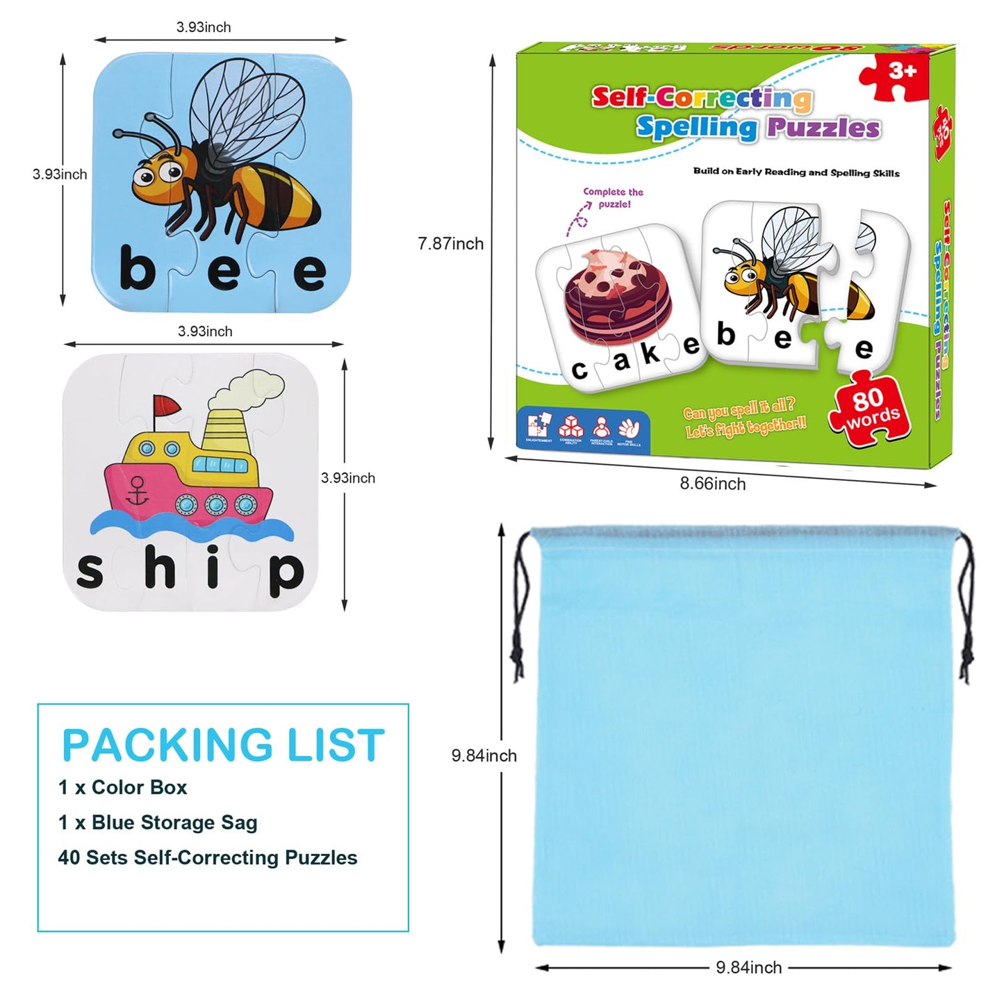 80 Words Self-Correcting Spelling Puzzles, Double-Sided Three and Four Letter Words with Matching Images, Perfect for Kids Age 3+ Year Old