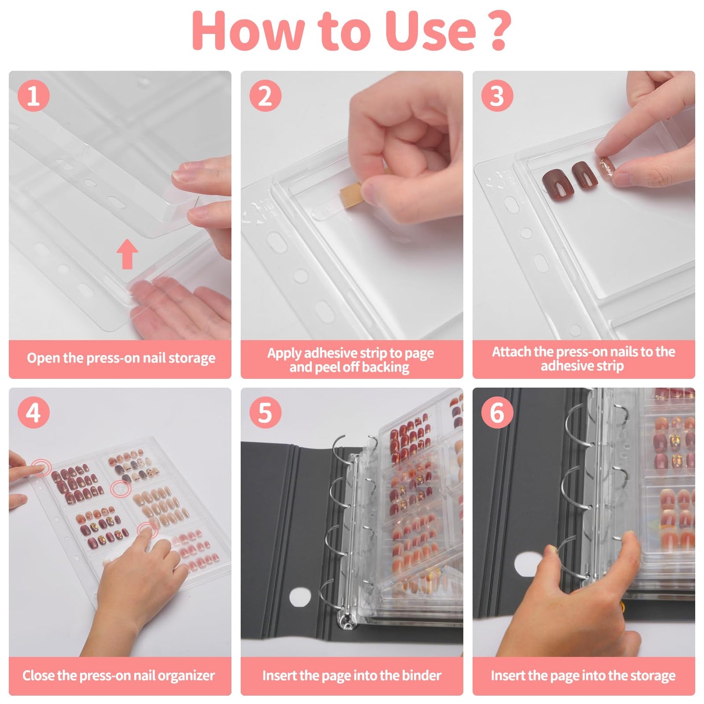 CGBE Press On Nail Organizer: Upgraded Dust & Crush-Resistant Protection - Removable D-Ring Binder Pages - Press On Nail Storage with Nail Tape