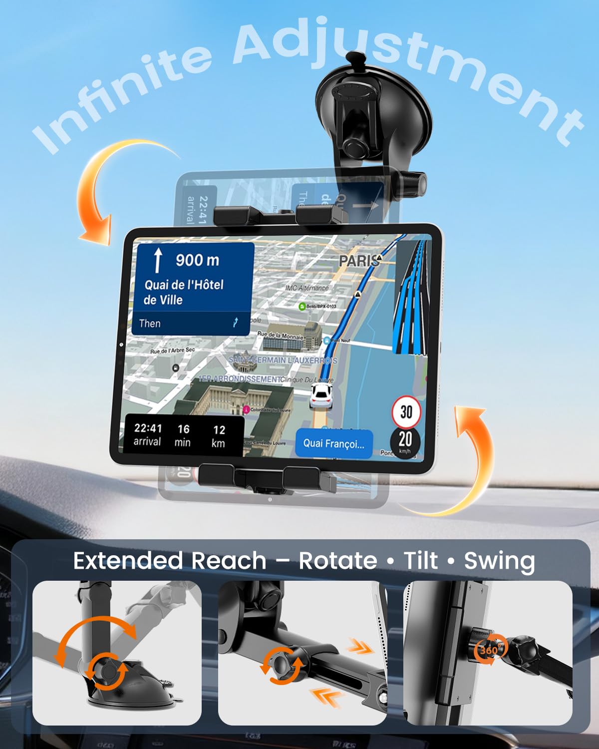 OHLPRO Tablet Holder for Car Dashboard & Windshield, Long Arm Suction Cup Tablet Mount Fits 5-17" iPad Pro/Air/Mini, Stable iPad Car Mount for Truck/SUV/Semi, Ideal Tech Gift for Drivers & Traveler