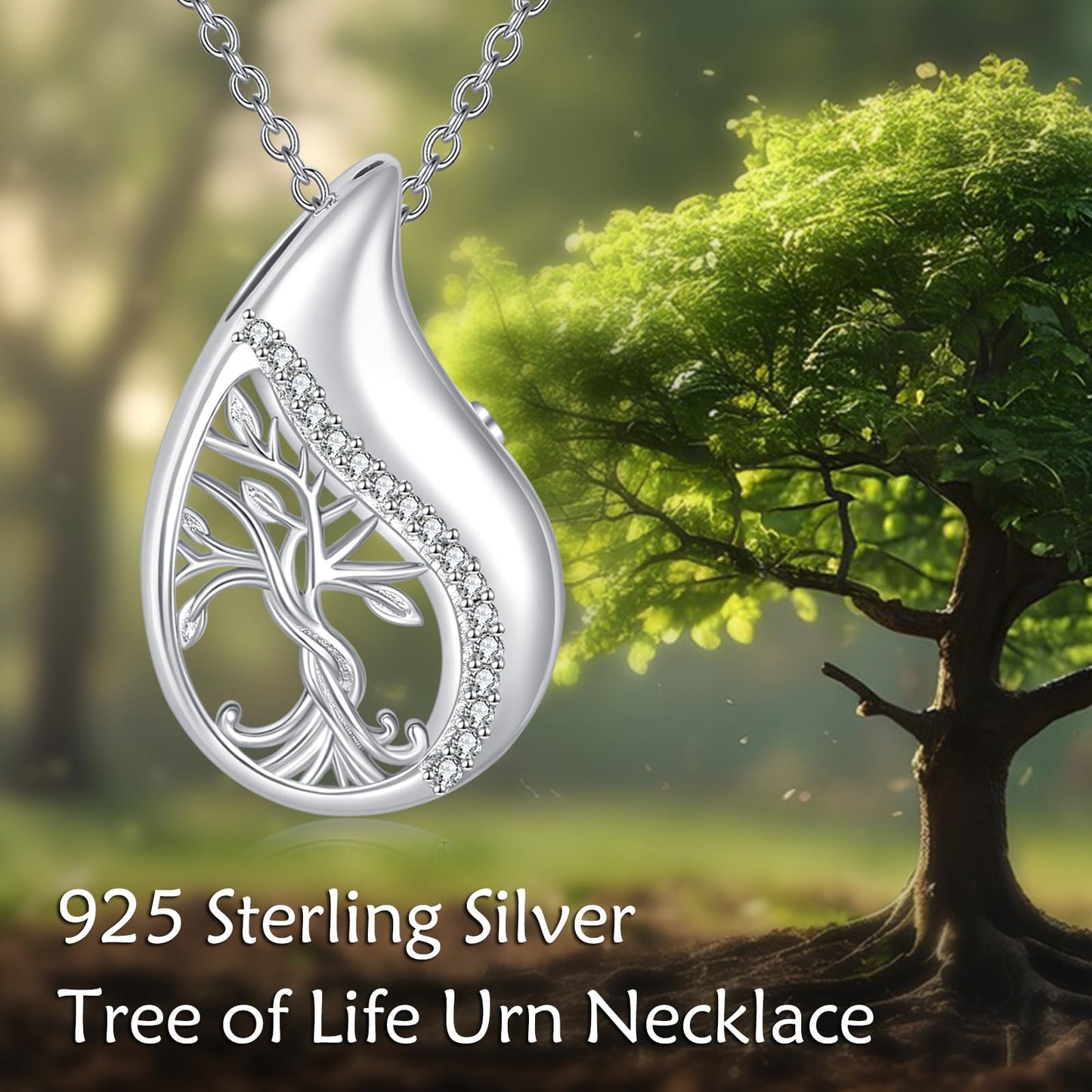 POPLYKE Tree Of Life Urn Necklace for Ashes for Women Sterling Silver TearDrop Cremation Necklace for Ashes Keepsake Jewelry for Human Men