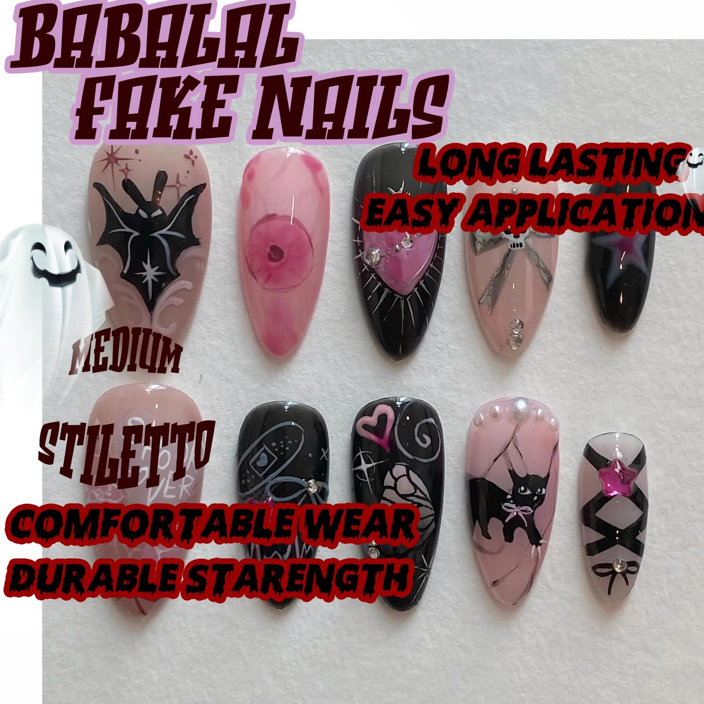 BABALAL Almond Press on Nails Medium Fake Nails Black Pink Glue ons Y2k Bat Cat Bow Design Goth Acrylic Nails 24Pcs Cute Halloween False Nails Star Stiletto