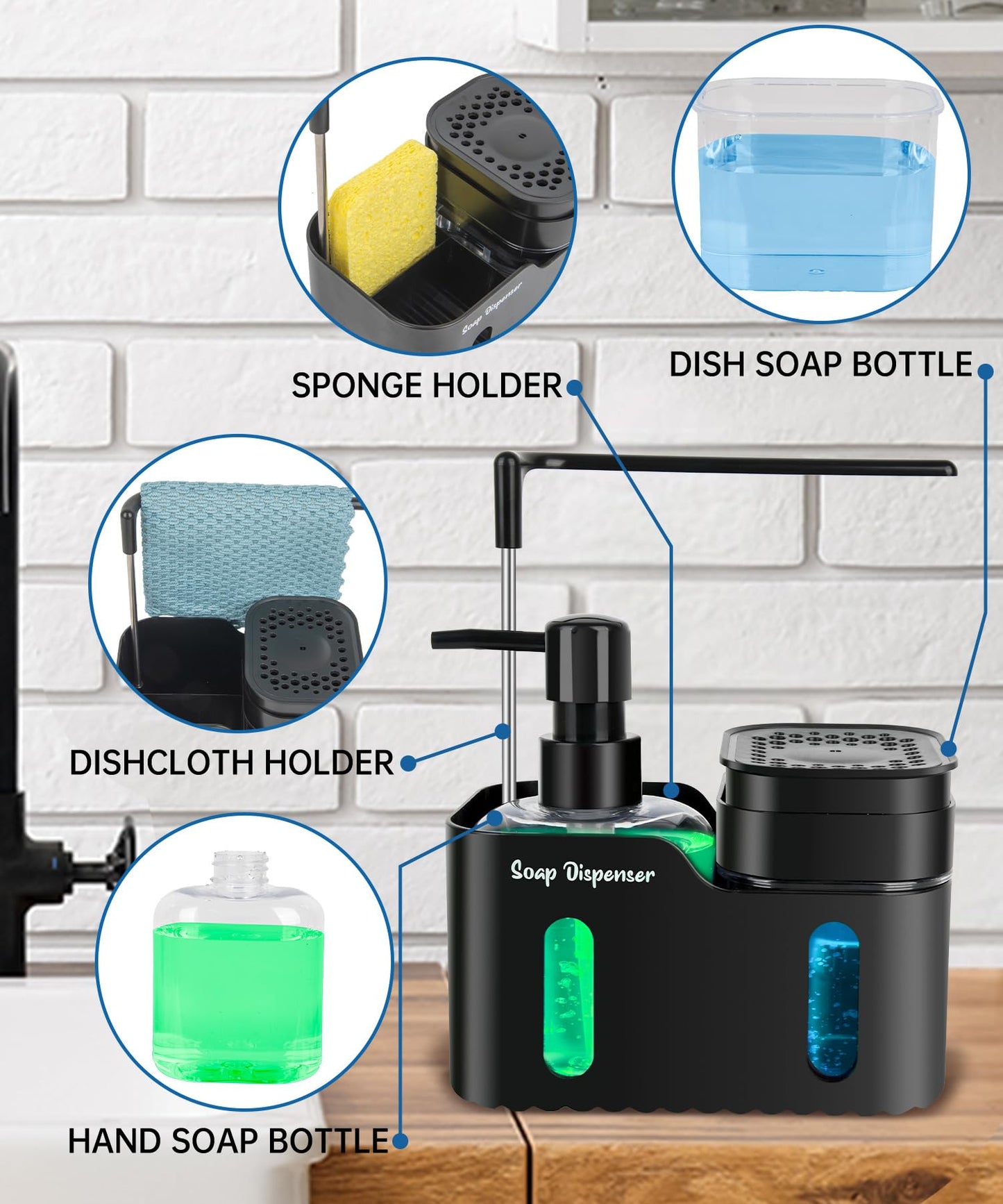 Hand Soap and Dish Soap Dispenser Set for Kitchen, Dual Soap Dispenser with Sponge Holder and Dishcloth Holder 4-in-1 Organizer for Kitchen Sink Countertop, Useful Kitchen Gadgets (Black)