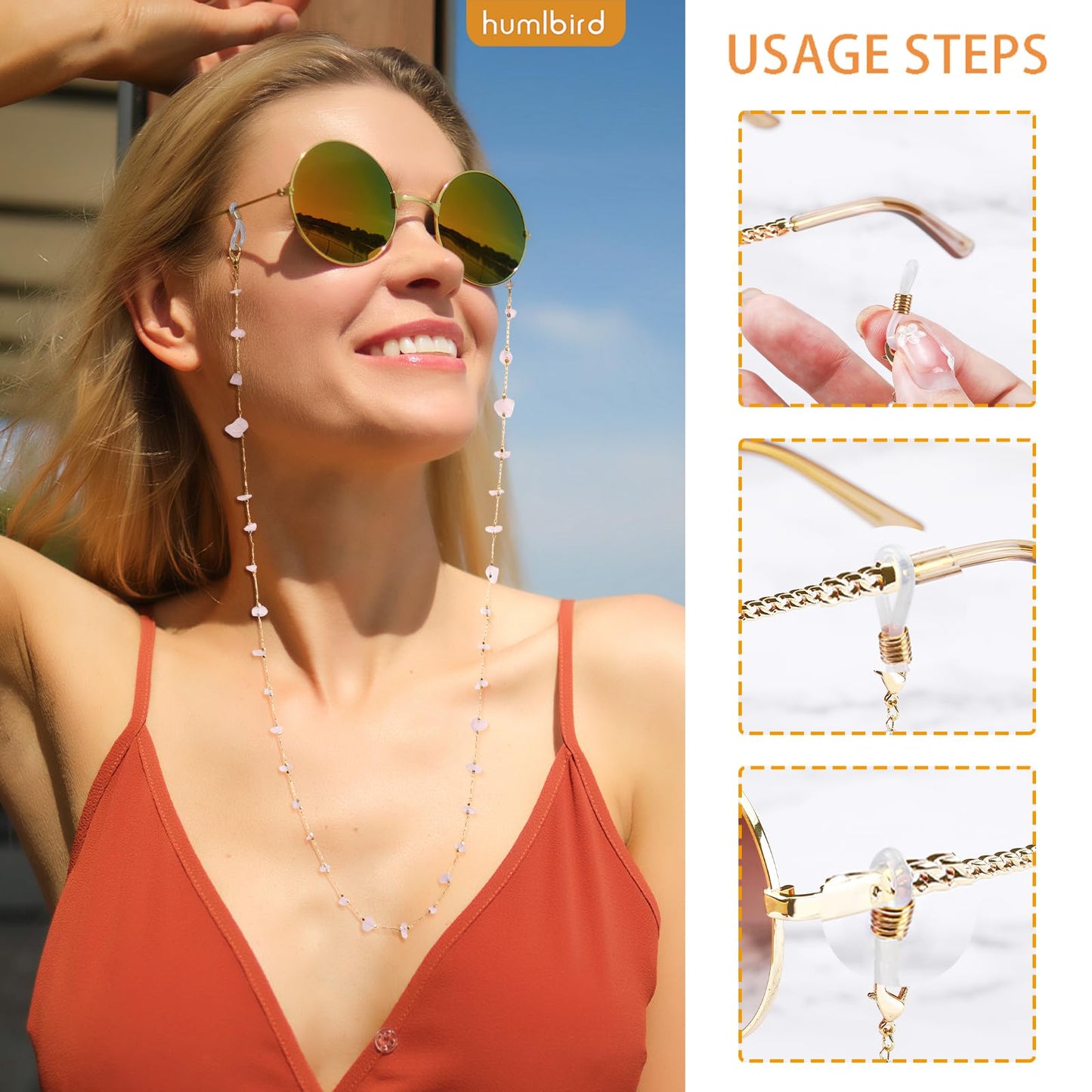 humlbird Eyeglass Chains for Women Stylish Glasses Lanyard Sunglass Chain Natural Crystal Mask Chain Eye Glasses Strap Pink-1