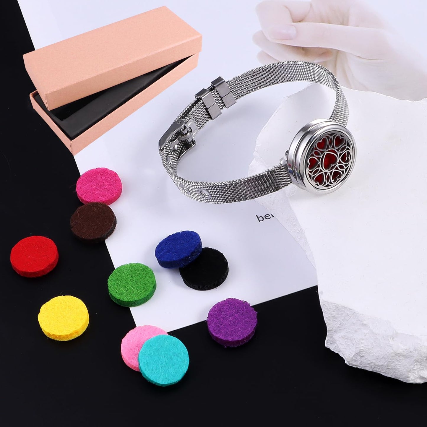 Essential Oil Diffuser Bracelet with Gift Box Aromatherapy Locket Adjustable Stainless Steel Heart Watch Chain Bracelet with 10 Pcs Refill Pads for Women