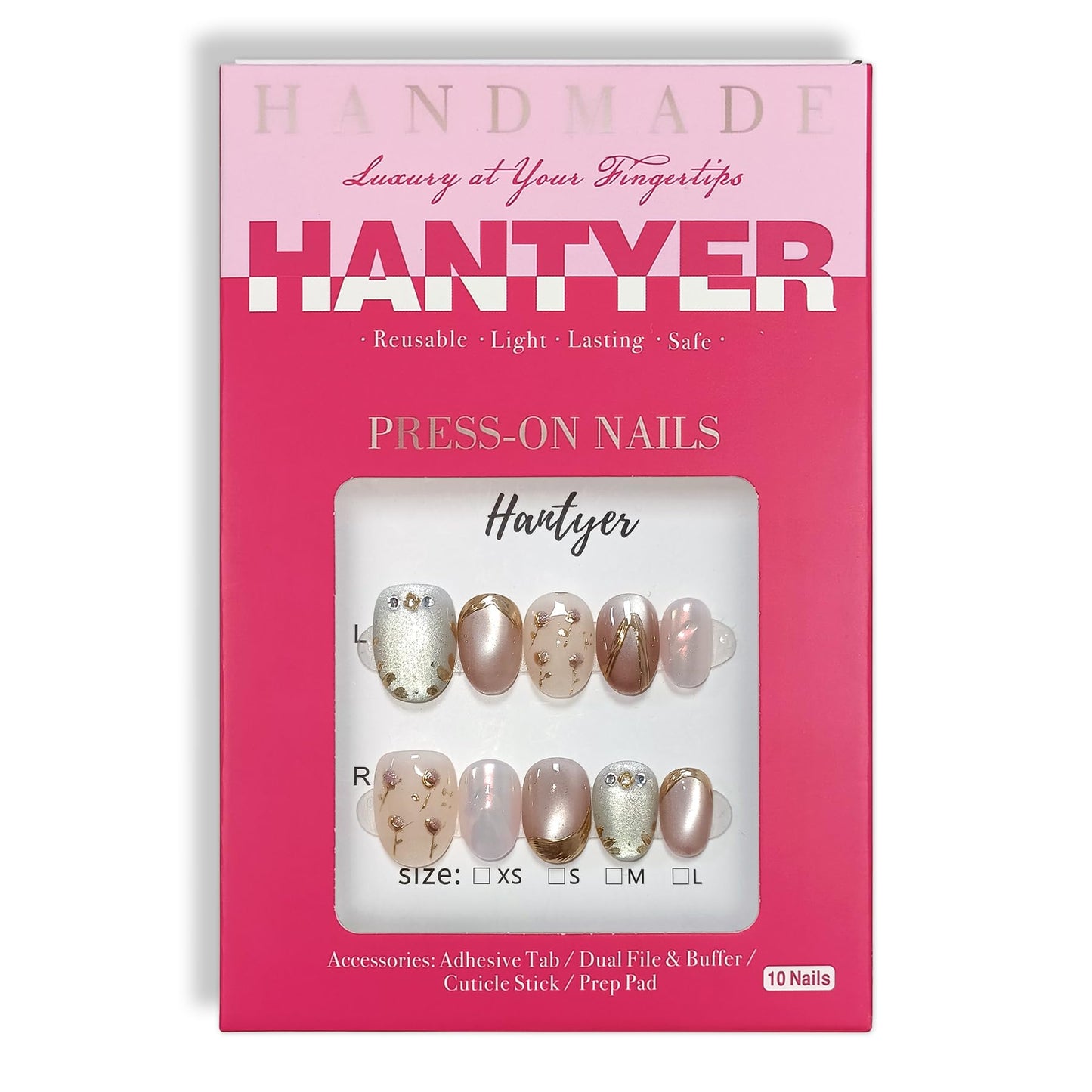 Hantyer Soft Glam Pink Cat Eye Press on Nails with Hand-Painted Tulips, Rhinestones & Gold Lines - Short Oval Glossy Fake Nails, Reusable Elegant False Nails for Women Fall Winter Party Date, Size S