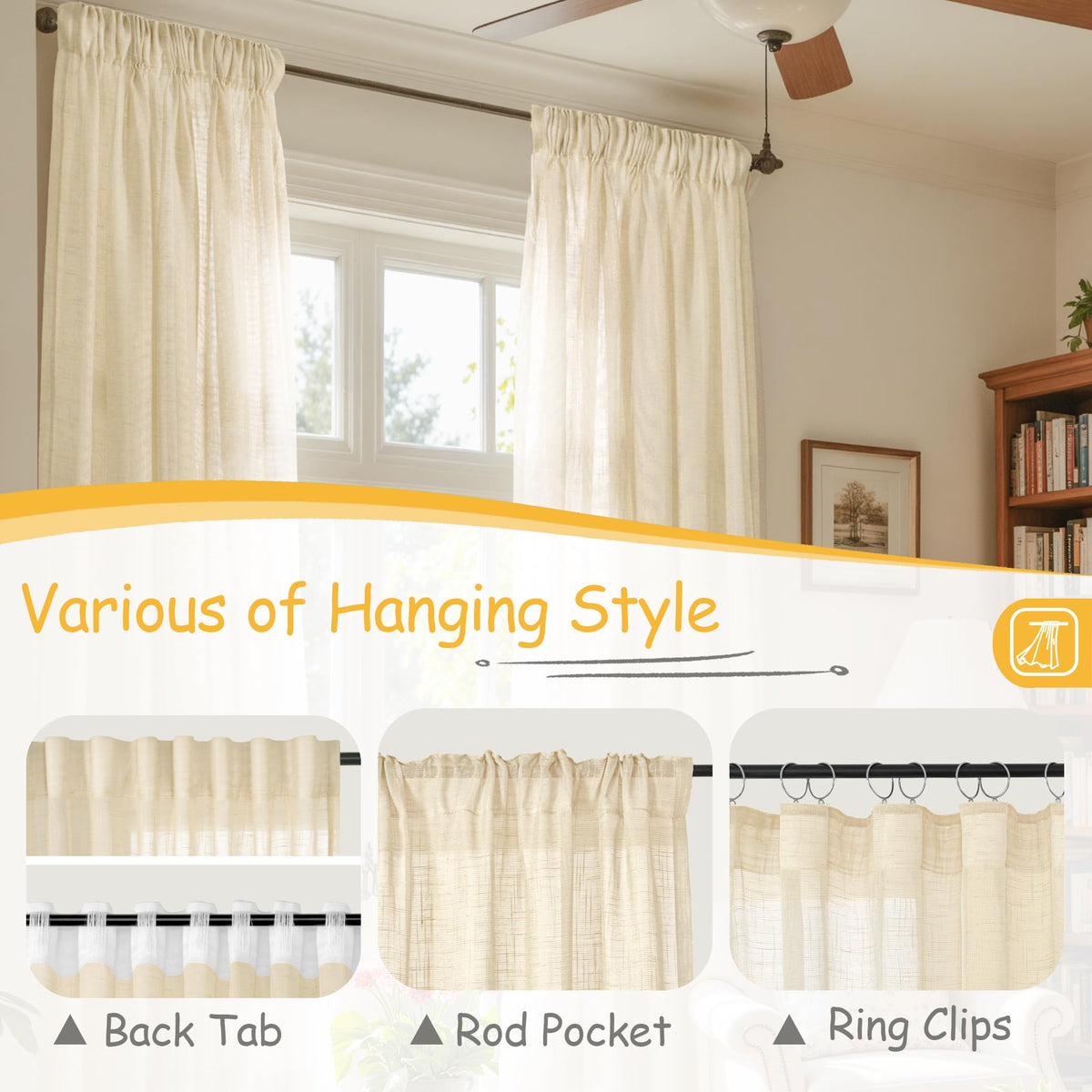 Linen Sheer Curtains 45 Inch Length for Kitchen Window (2 Count)