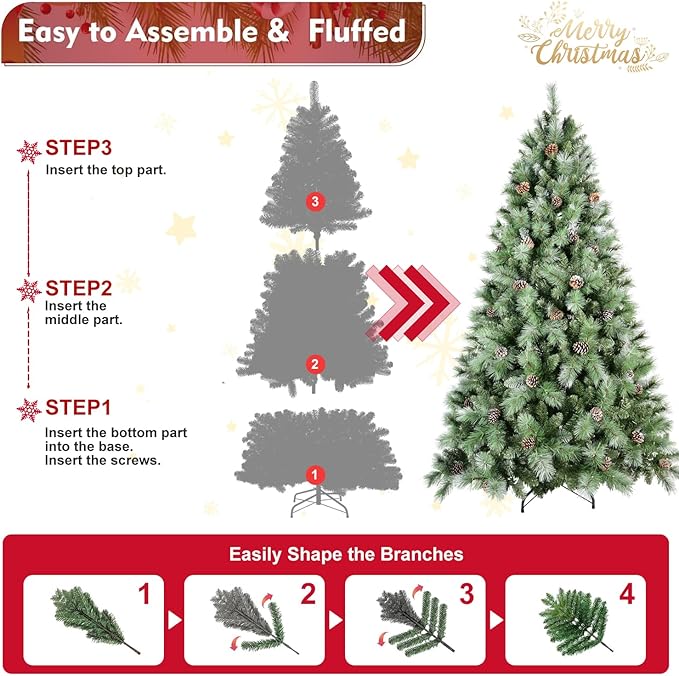 8FT Frosted Christmas Tree with 102 Pine Cone & Pine Needles, Premium Unlit Artificial Christmas Tree with 1858 Branch Tips, Realistic Hinged Xmas Trees with Metal Stand for Holiday Decoration