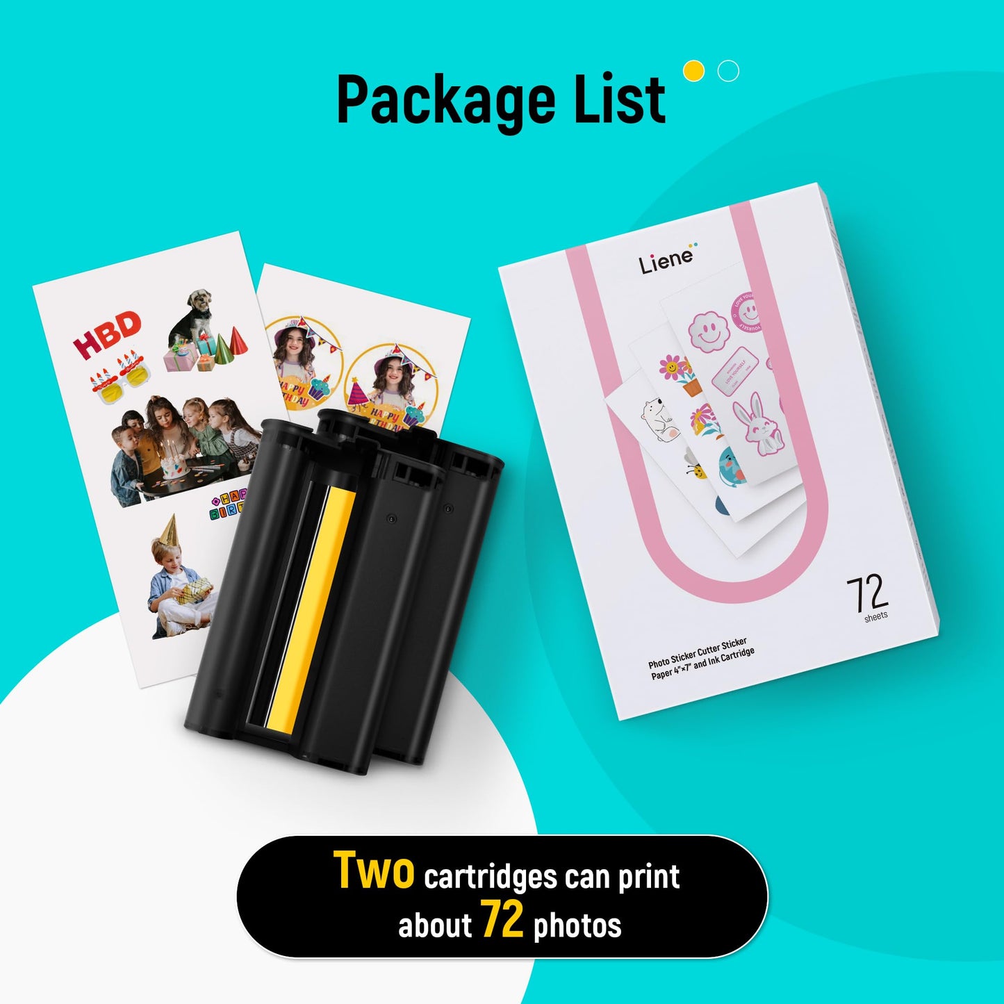 Liene Sticker Paper & Cartridge (Enhanced Adhesion Version) - Includes 2 Ink Cartridge Refills & 72 Sheets of 4x7" Printable Sticker Paper, Dye Sublimation, Compatible Only with Liene PixCut S1