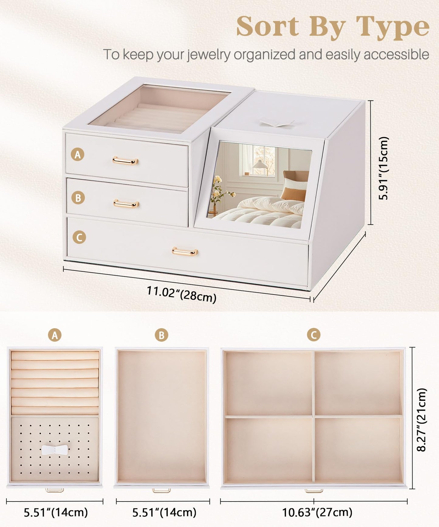 Homde Women Mirror Jewelry Box: Organizer Case with Clear Lid for Ring Necklace Earring - Gift for Young Women (White)