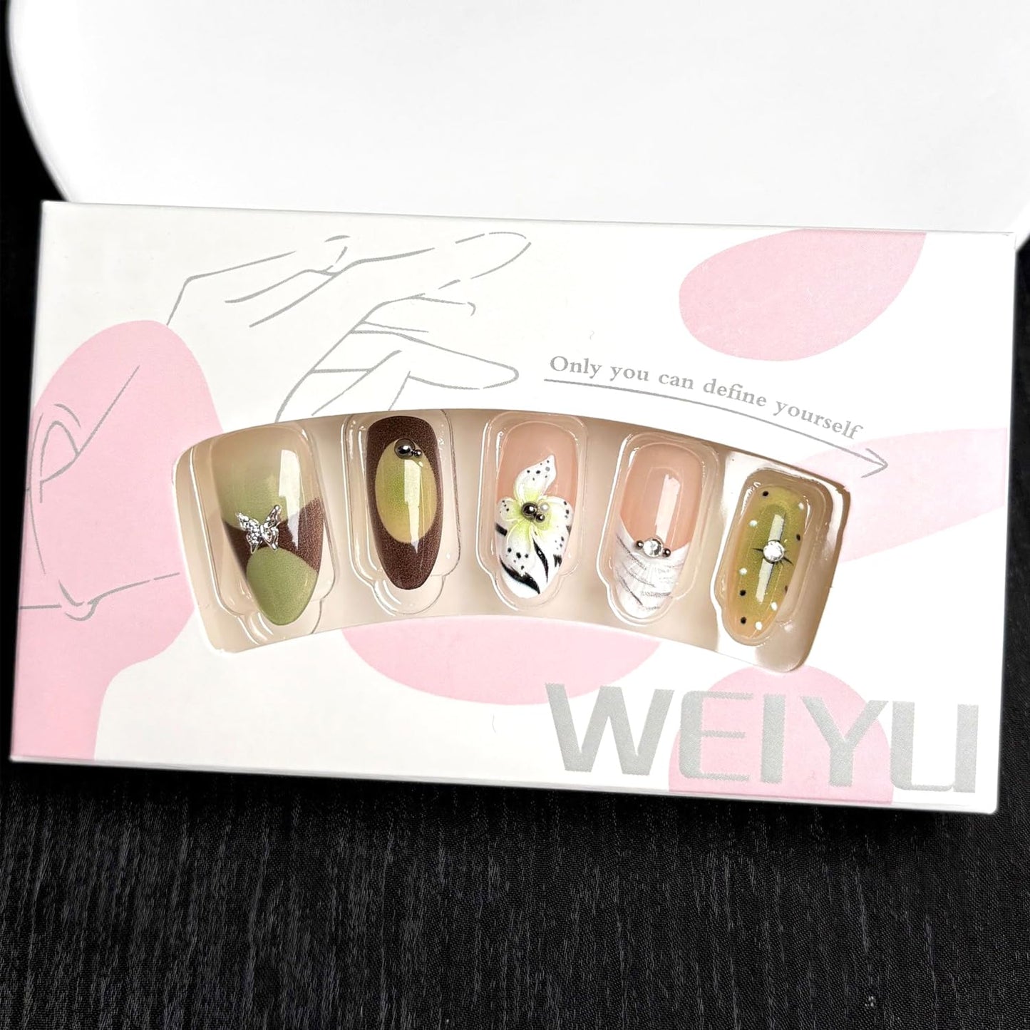 30Pcs Green Press on Nails Almond Medium Fake Nails with 3D Rhinestone Design Stick on Nails Flower Butterfly False Nails Spring Summer Acrylic Nails French Tip Handmade Nail Art Kit for Women