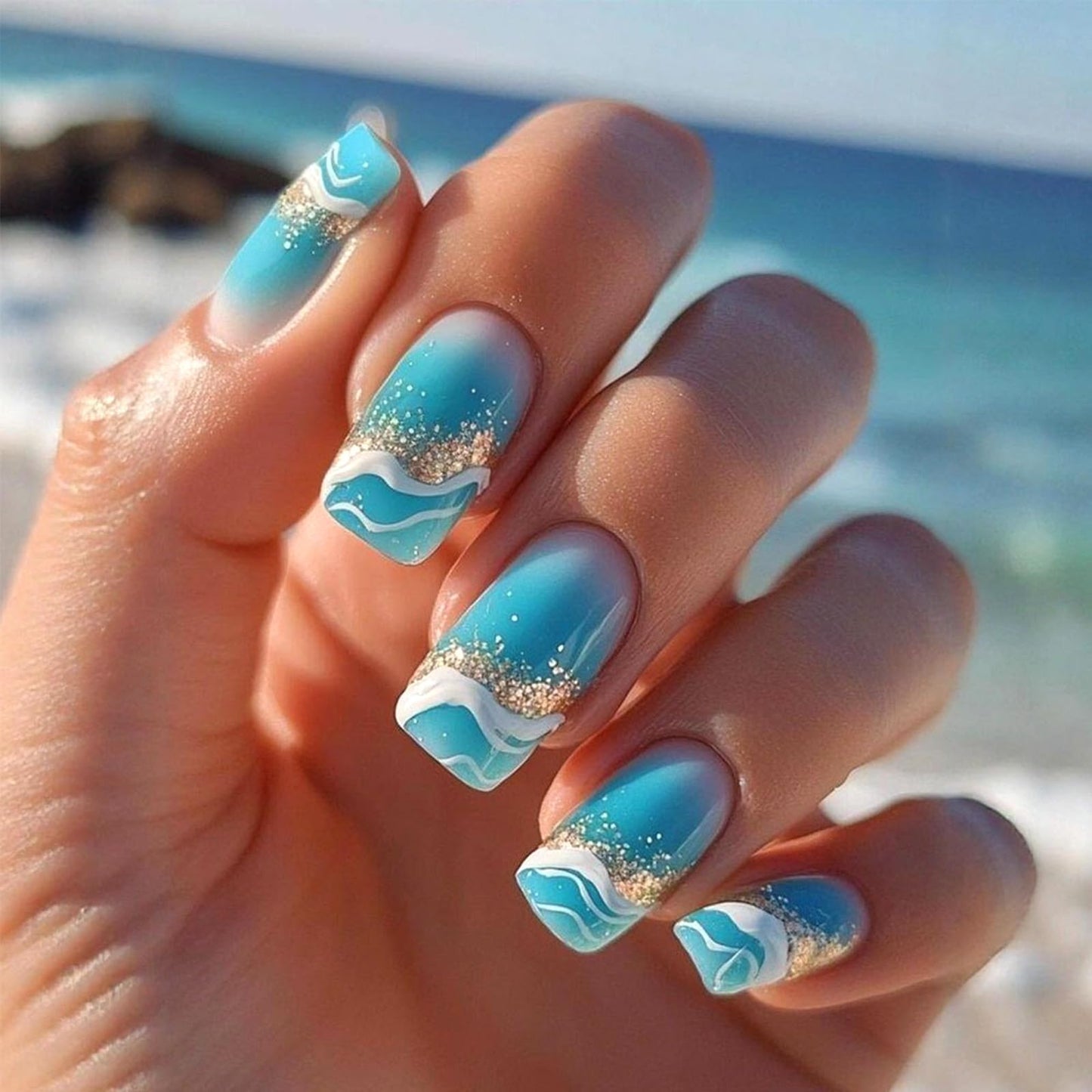Beach Press on Nails Medium Square Blue Wave Fake Nails Gradient False Nail with Glitter Design Glossy Full Cover Stick on Nail Reusable Artificial Summer Nails for Women Manicure 24Pcs