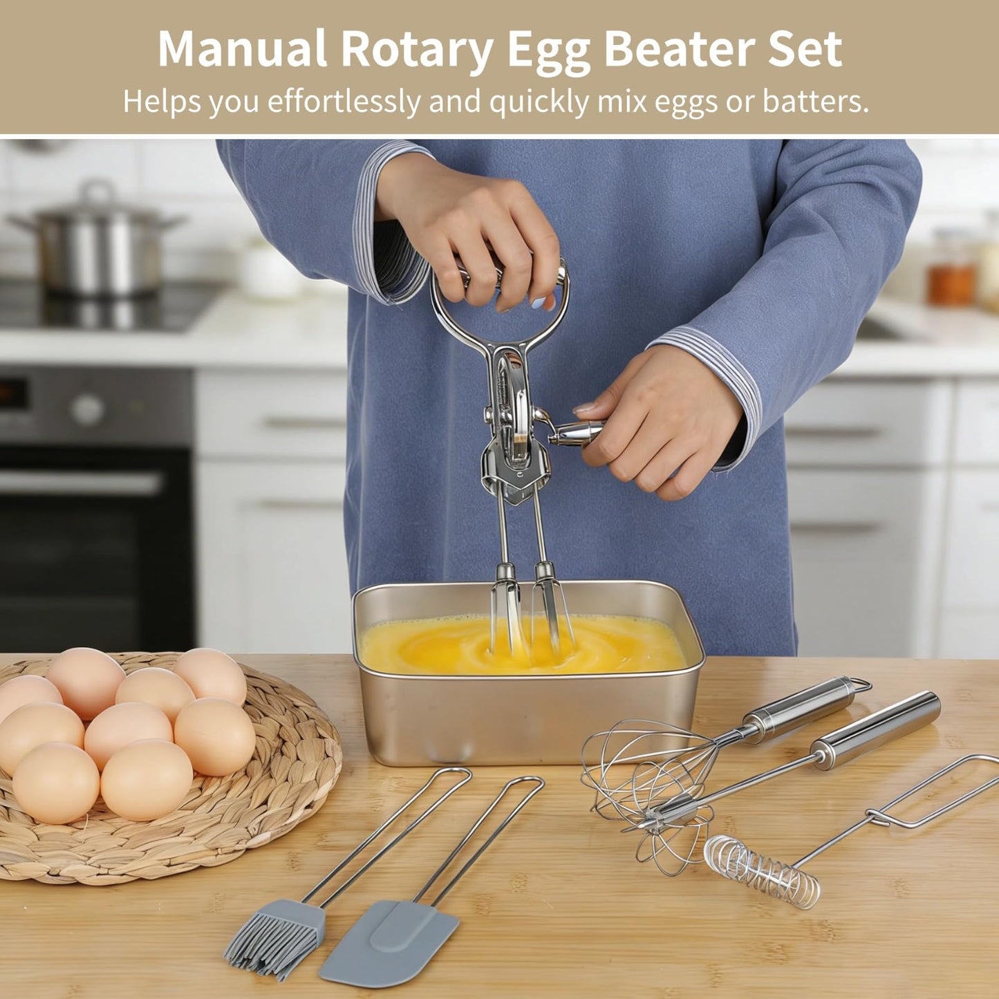 Rotary Egg Beater Set, Manual Rotating Beater with Mixer, Spring Whisk, Semi-automatic Whisk, Silicone Brush, and Spatula, Household Double-head Hand Push Ehisk Accessories