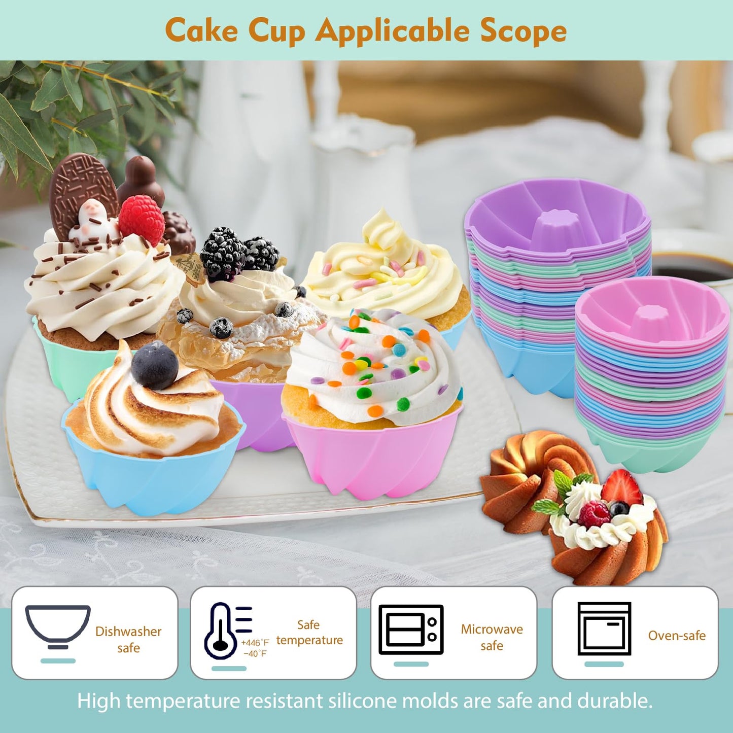 Tongjude 48 Pieces Donut Mold, 2.75" Diameter 0.98" Deep Mini Reusable Baking Cups, Non-Stick, 4 Shape Silicone Molds, Heat Resistant Bakeware for Bagel, Muffin, Jello and Cake Baking