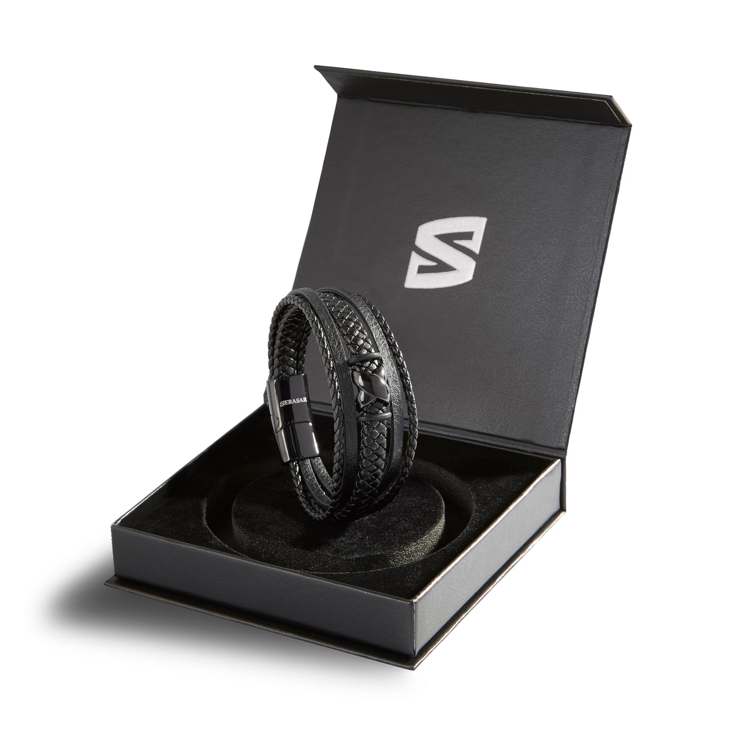 SERASAR Mens Leather Bracelet 20cm Black Men Gift Box Genuine Braided Adjust Able Magnetic Clasp Multi Layer Wrap Rope Man Mans Bracelets Jewelry Magnet Accessories