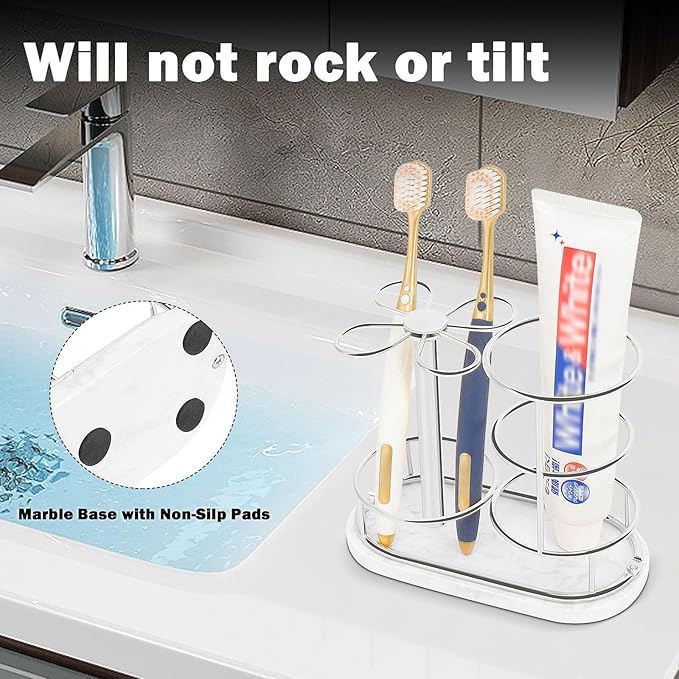 HarJue Toothbrush Holder Stand for Bathroom, Metal Toothbrush Organizer with Marble Base, Toothbrush Storage Collection for Family, Suitable for Home Hotel Countertop Vanity (Medium, Chrome Finish)