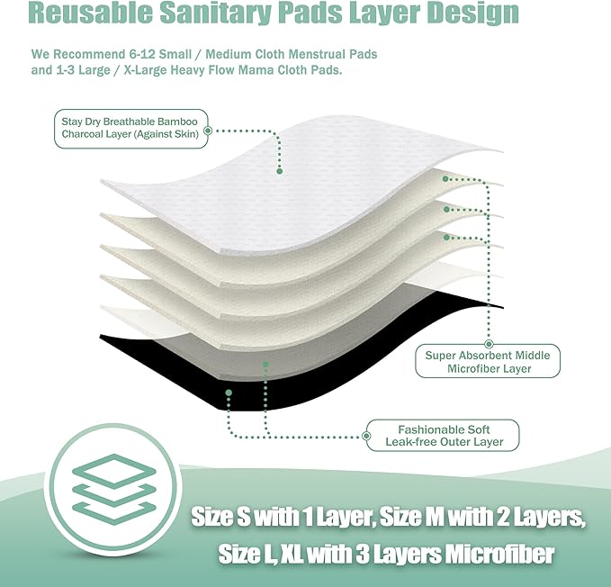 Wegreeco Reusable Menstrual Pads - Soft Cloth Sanitary Pads & Panty Liners - 6 Pack with 1 Cloth Mini Wet Bag (Small, Black, White)