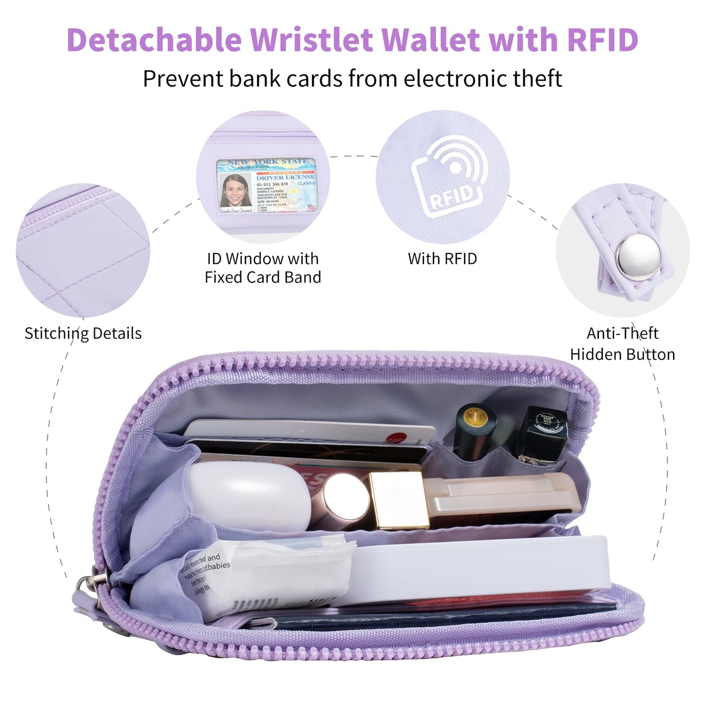 Tiostep Clip and Go Strap for Phone with Wallet Crossbody Phone Lanyard with Anti-Theft Zipper Pouch Detachable Quilted Wrist Wallet with RFID and ID Window for Daily Travel. Purple Large