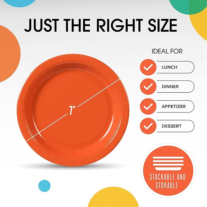 Exquisite Party Solids Orange Paper Plates Disposable Heavy Duty 7 Inch Orange Disposable Plates For Party 100 Pcs Heavy Duty 350 GSM, Birthday Supplies