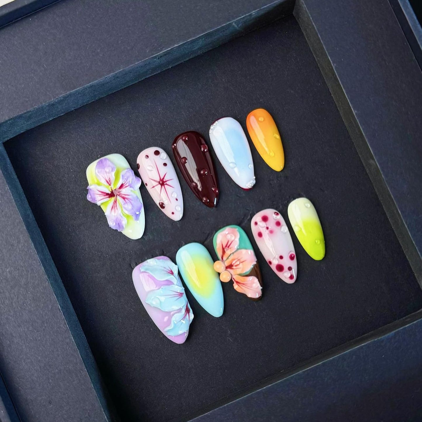 Luxury Press on Nails Medium Almond Handmade 3D Unique Reusable ABS Material Fake Nails Tropical False Nails with Designs Flower Water Drop Art Petal Glossy Glue on Nails Thick Acrylic Nails(M)
