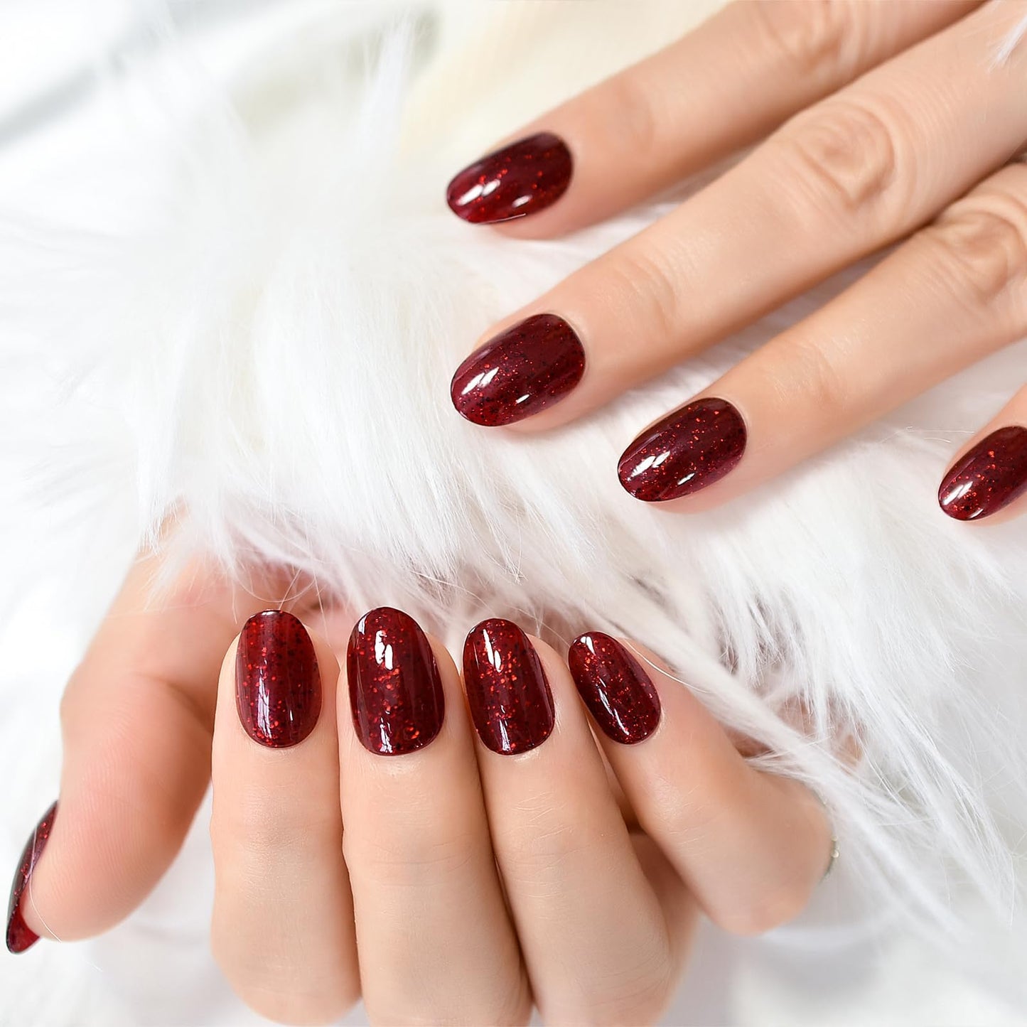 Pure Dark Wine Red Press on Nails - iBeautying False Nails - Glossy Finish Finger Daily Wear Nail - Short Oval Acrylic Reusable Fake Nails 24pcs