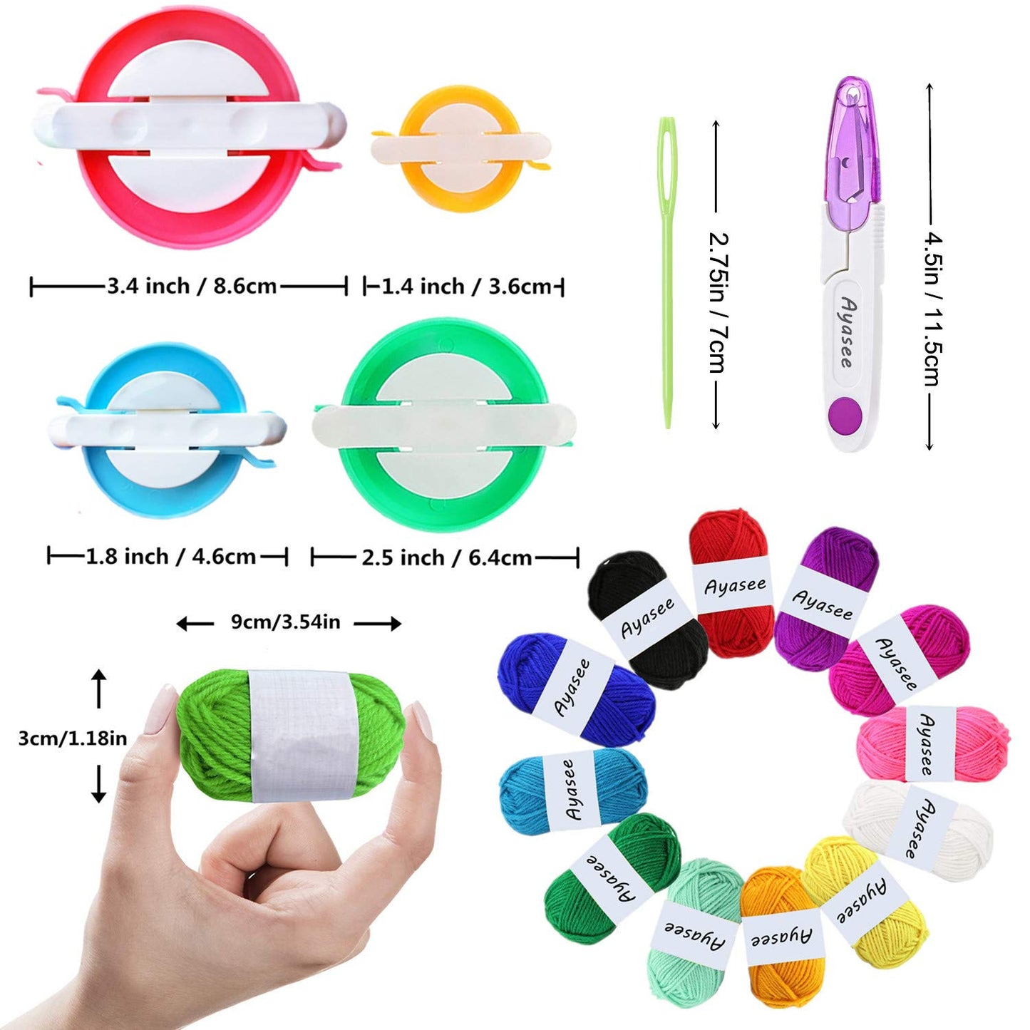 Ayasee Pom pom Maker Yarn kit, 4PS Pompom Maker+12PS Acrylic Yarn+10PS Knitting Stitch Markers+10PS Plastic Needles+1PS Scissors(37c)