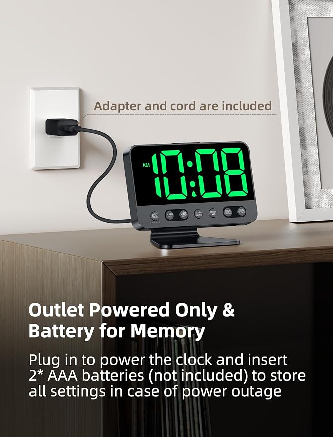 Odokee Digital Alarm Clocks for Bedrooms with Large Bold Number | Electric Desk Clock with Night Light & Brightness Dimmer - Loud Alarm for Heavy Sleepers with Adjustable Volume - Green