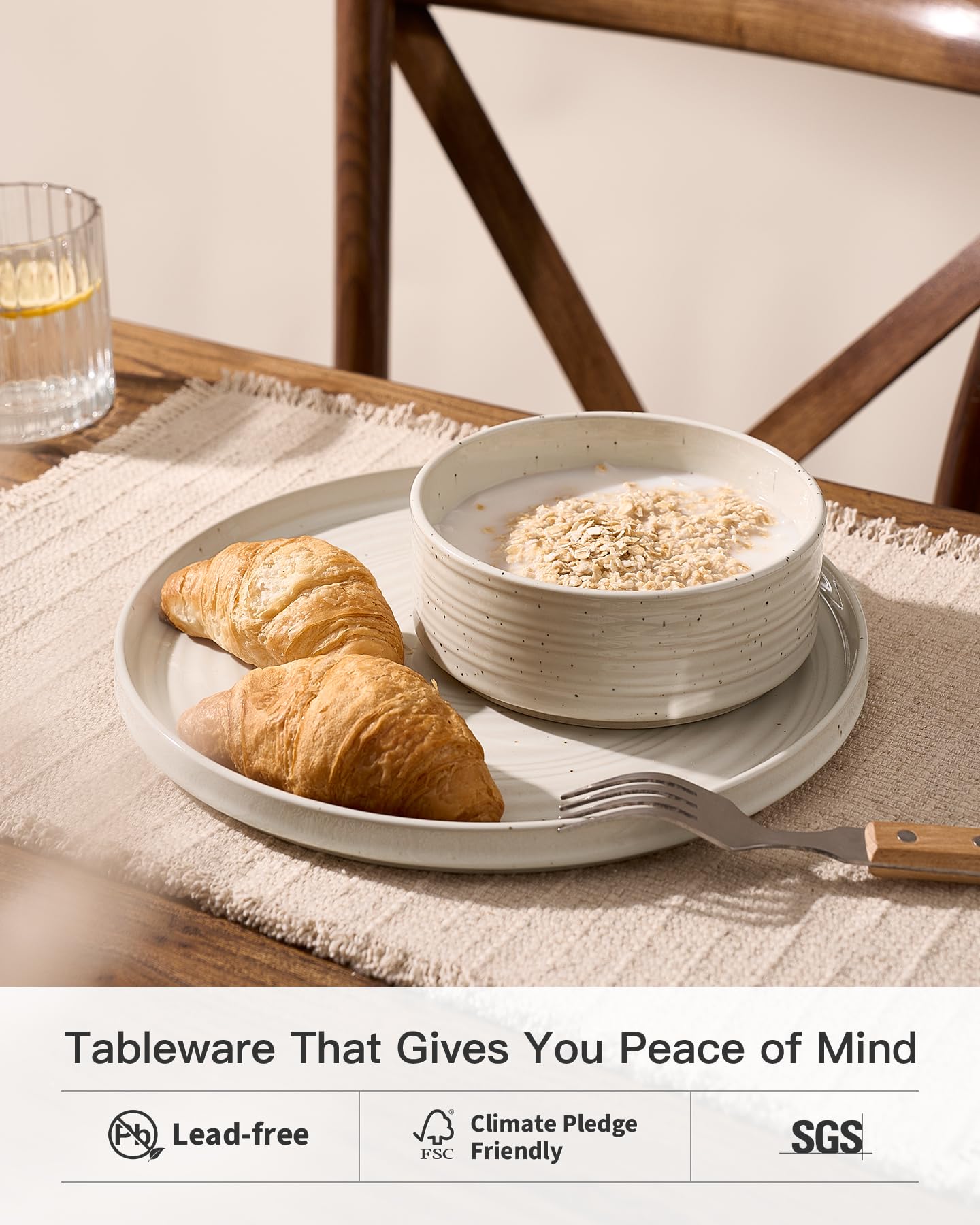 Famiware Premium 24-Piece Stoneware Dinnerware Set – High Edge Plates and Bowls with Reactive Glaze, Speckles & Spirals, Scratch Resistant Dishes, Dishwasher Safe, Service for 8, Gift Box, Shell Beige