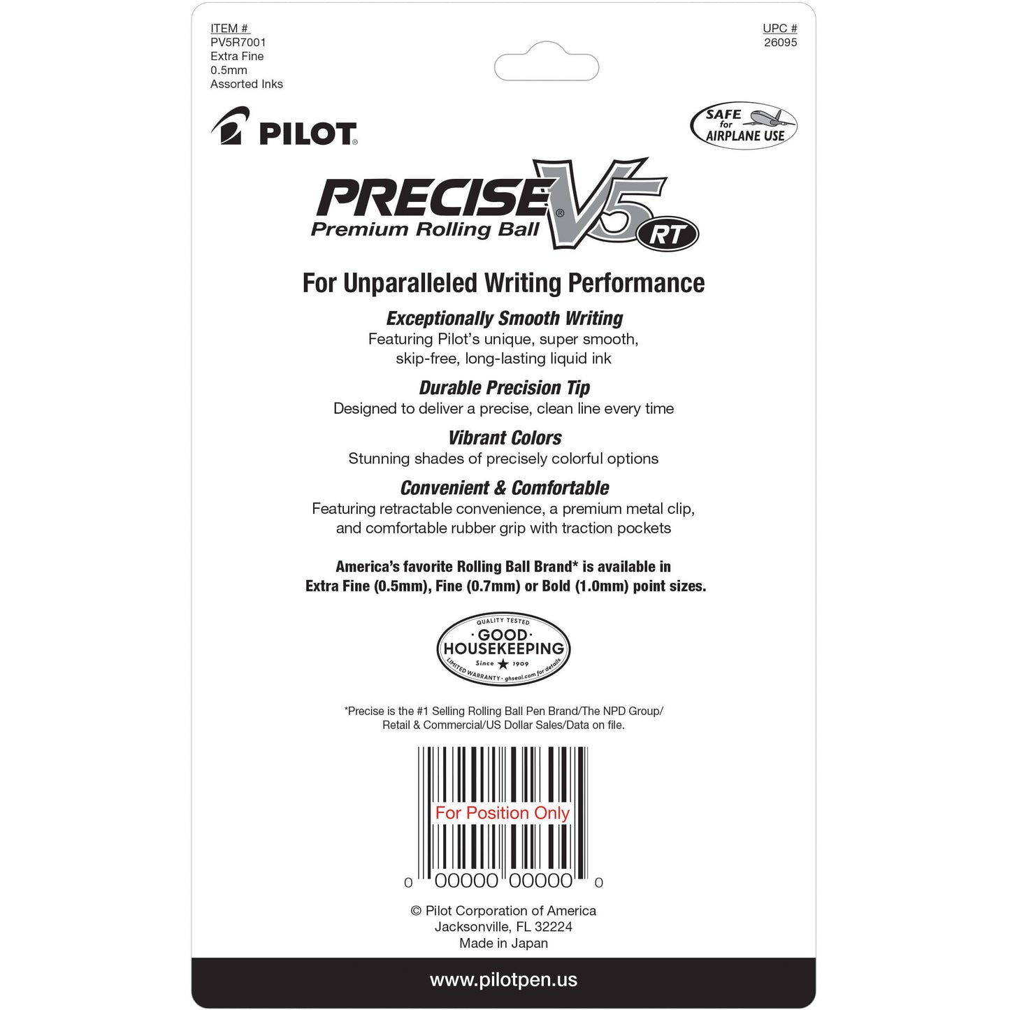 PILOT Pen 26095 Precise V5 RT Refillable & Retractable Premium Rolling Ball Pens, Extra Fine Point (0.5mm), Assorted Colors, 7 count