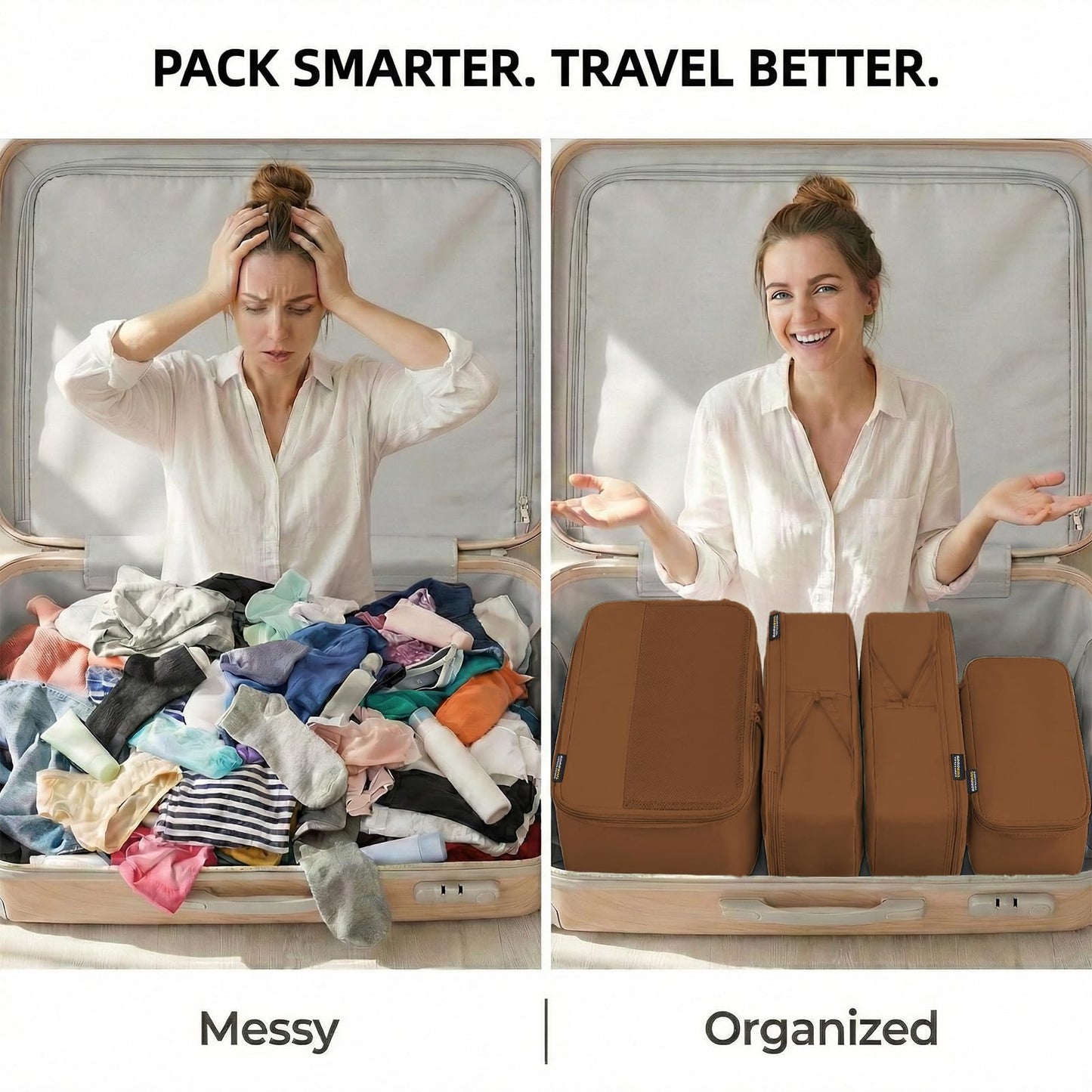 SOARSAIL 4 Piece Compression Packing Cubes for 3–7 Day Travel, Lightweight Travel Organizers with Breathable Mesh, Double-Zipper Packing Cubes for Carry-On & Suitcases (Light Brown)