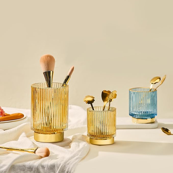 Makeup Brush Organizer, Toothbrush Holder, Desk Pen Pencil Holder, Multifunctional Vintage Glass Brush Cup (S/Gold/A3-12-US)