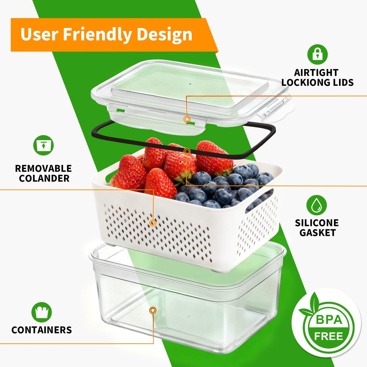 PRAKI 5-Pack Large Fruit Storage Containers for Fridge with Removable Colander, 2 in 1 Produce Storage Containers, BPA-Free Fridge Organizers and Storage Keep Fruits, Vegetables, Berry Fresh Longer