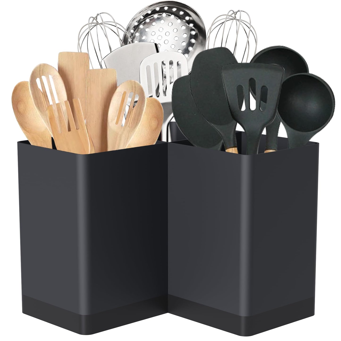 Suli Utensil holder, Kitchen Utensil Organizer for Corner Countertop,Extra Large Silverware Organizer with 3 Compartments,Farmhouse Decor, Iron, Black