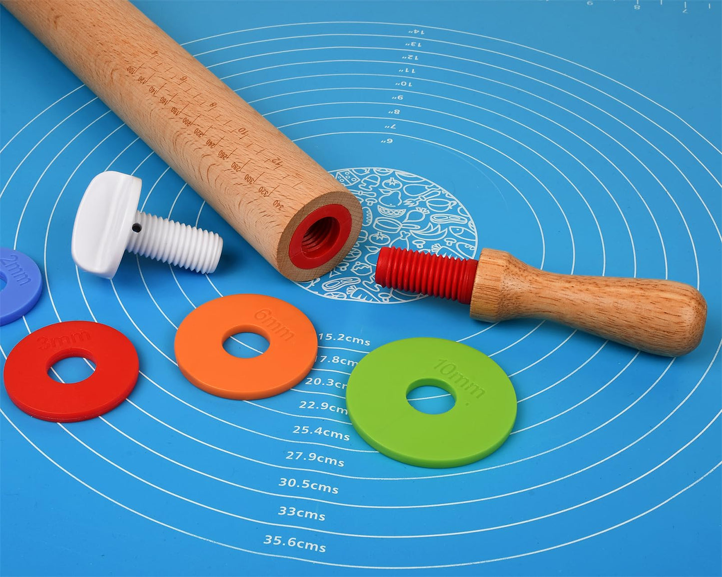 Victhur Rolling Pin with 4 Adjustable Thickness Rings and Long Handle 13.6 Inch Wooden Dough Roller for Baking, Dough, Cookie, Cake, Fondant, Pizza and Pie Crust