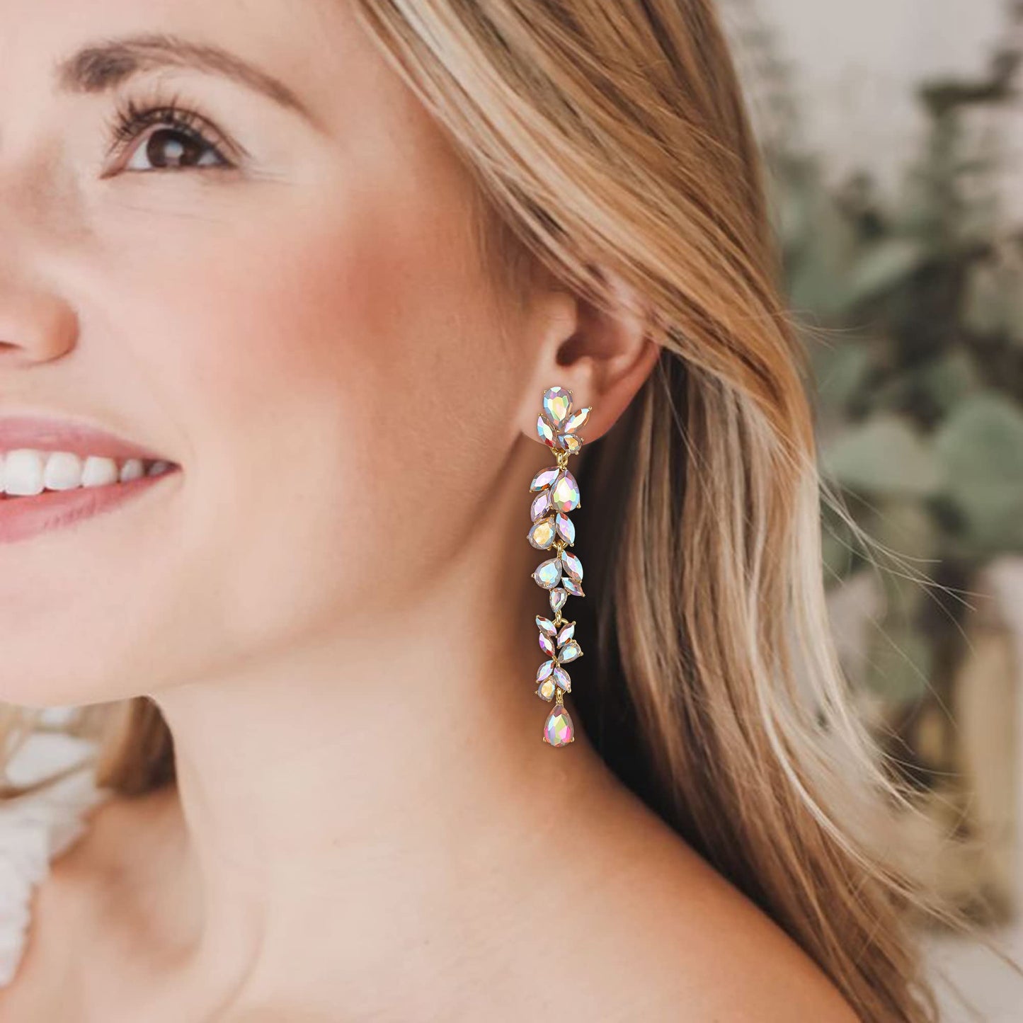 EVER FAITH Wedding Rhinestone Crystal Chandelier Earring for Women Brides, Art Deco Marquise Teardrop Bridal Long Dangle Drop Earrings for Prom Iridescent AB Gold-Plated-Base