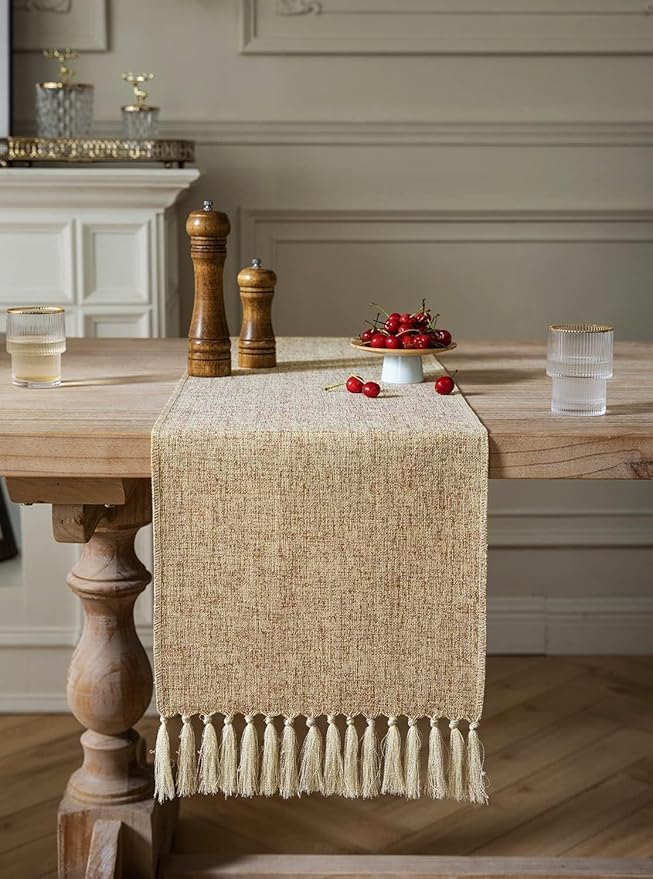 ZeeMart Beige Table Runners 36 Inches Long, Burlap Linen Style Rustic Farmhouse Table Runner, Small Short Boho Coffee Table Runner, 13x36 Inches, Oatmeal Beige