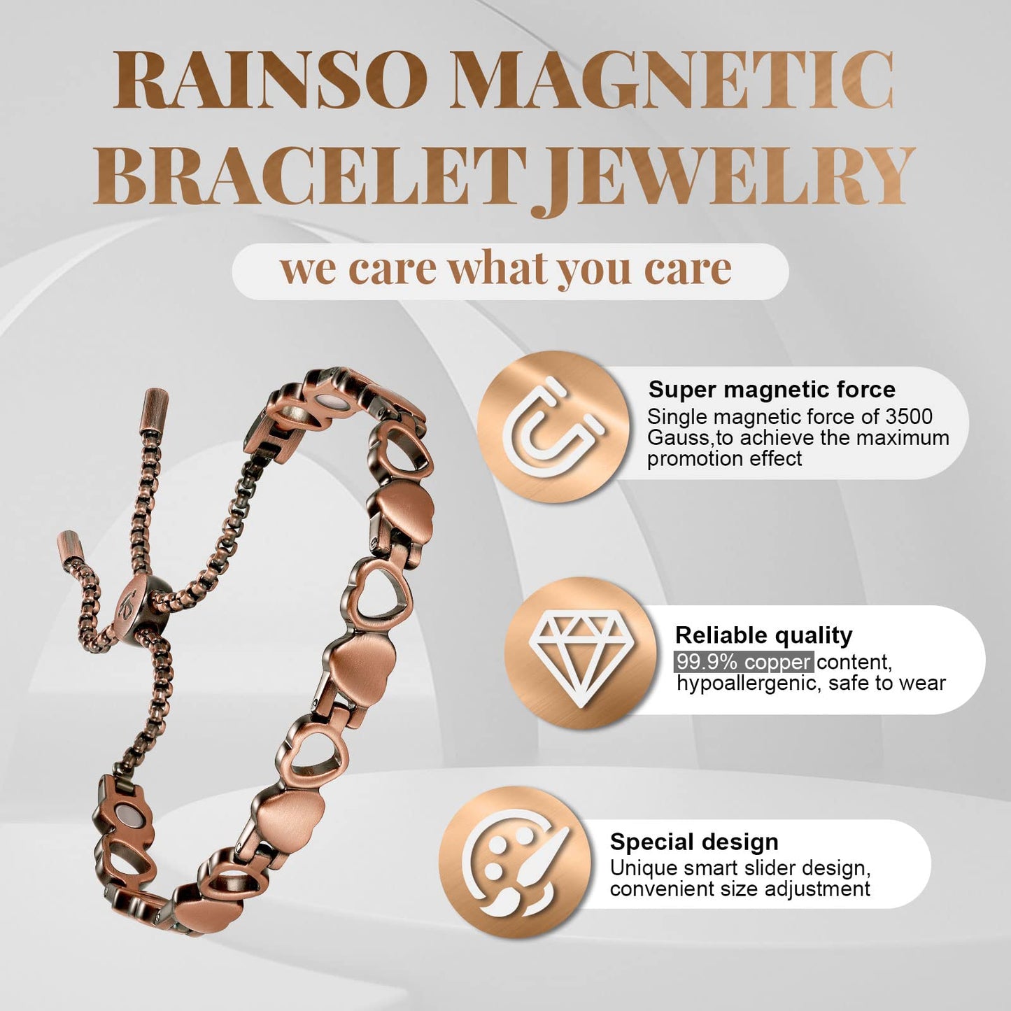 RainSo Women Pure Copper Magnetic Bracelets Adjustable Design with Display Box(1 Pcs)