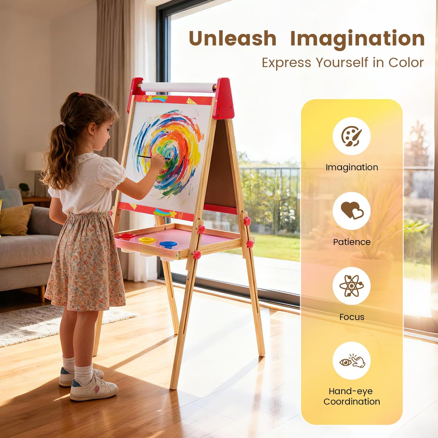 DUMOS Kids Easel Set with Paper Roll, Adjustable Height Double-Sided Magnetic Chalkboard & Whiteboard Art Station for Ages 3+, Dry Erase Board, Gift for Girls and Boys, Red