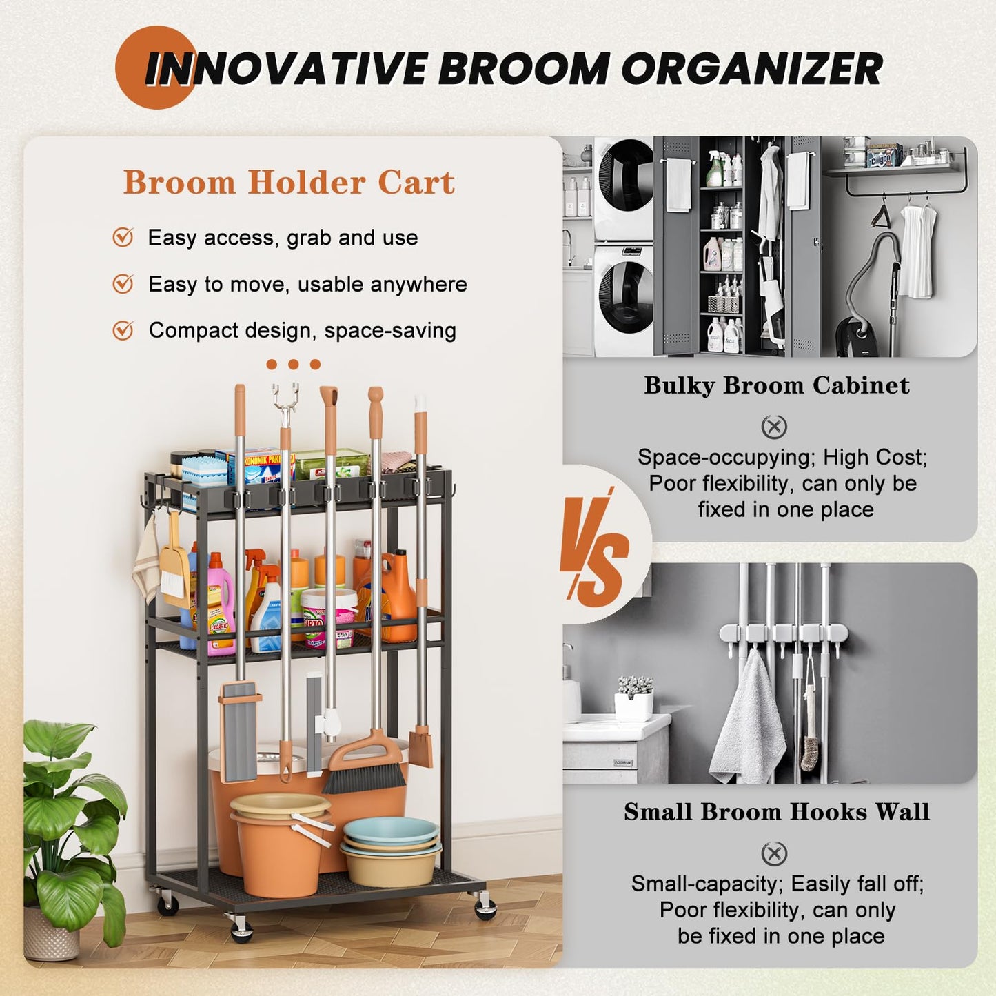 Broom Holder with Cleaning Supplies Organizer, Broom Closet Storage Cabinet with Mop Hanger Gripper Rack Hooks, Cleaning Housekeeping Janitorial Cart with Cleaning Caddy, Laundry Room Organization