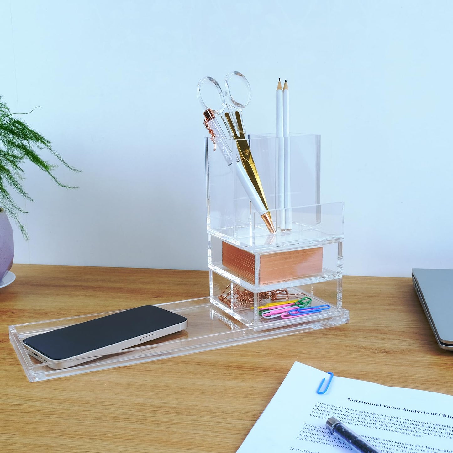 EXPUTRAN Clear Acrylic Desk Organizer 4-Piece Desk Kit + Free Complimentary Acrylic Ruler, Desktop Organization for Office or Home