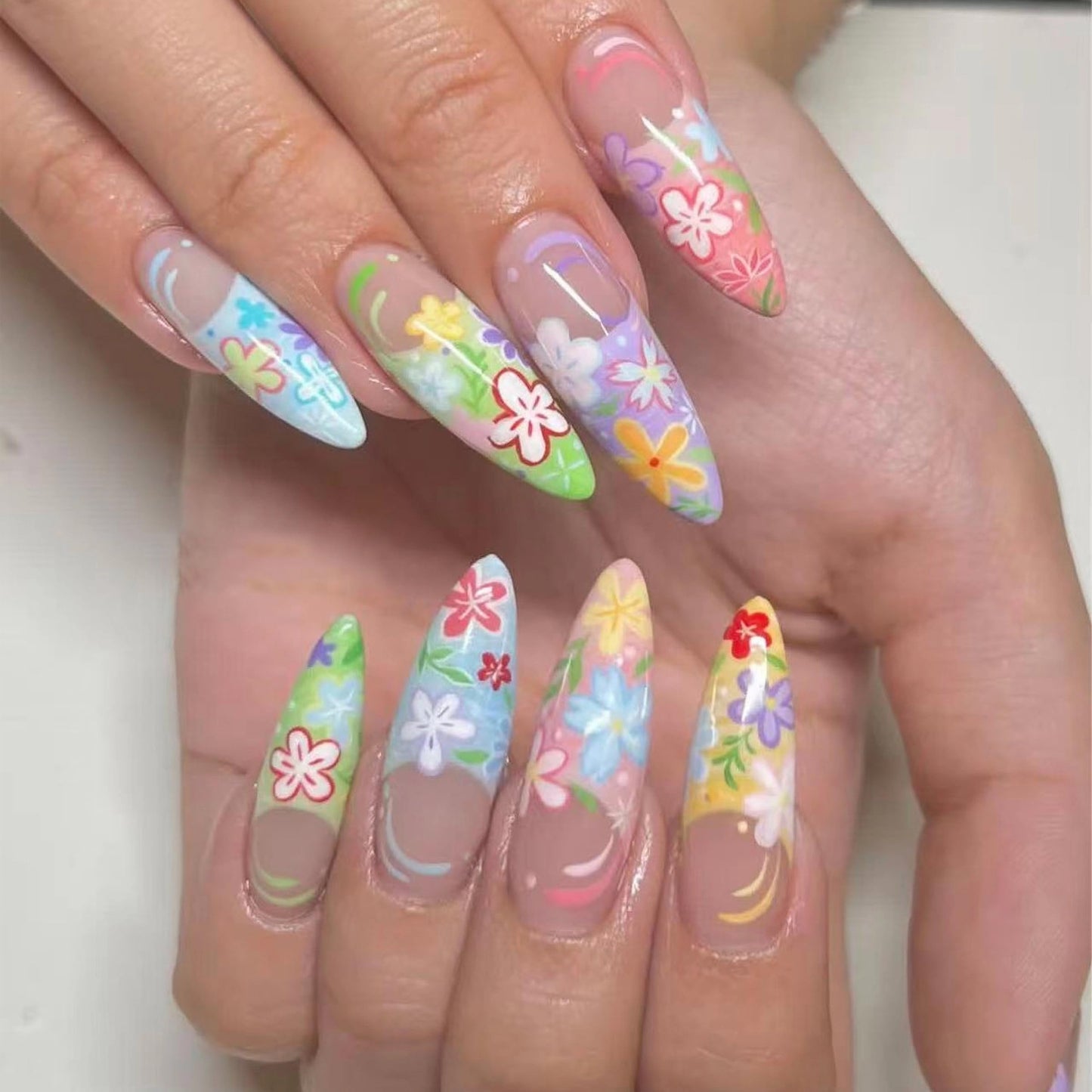 MERVF Long Almond Press on Nails - Colorful Flower French Tip Fake Acrylic Nails, Spring Design Stiletto 24pcs Glossy